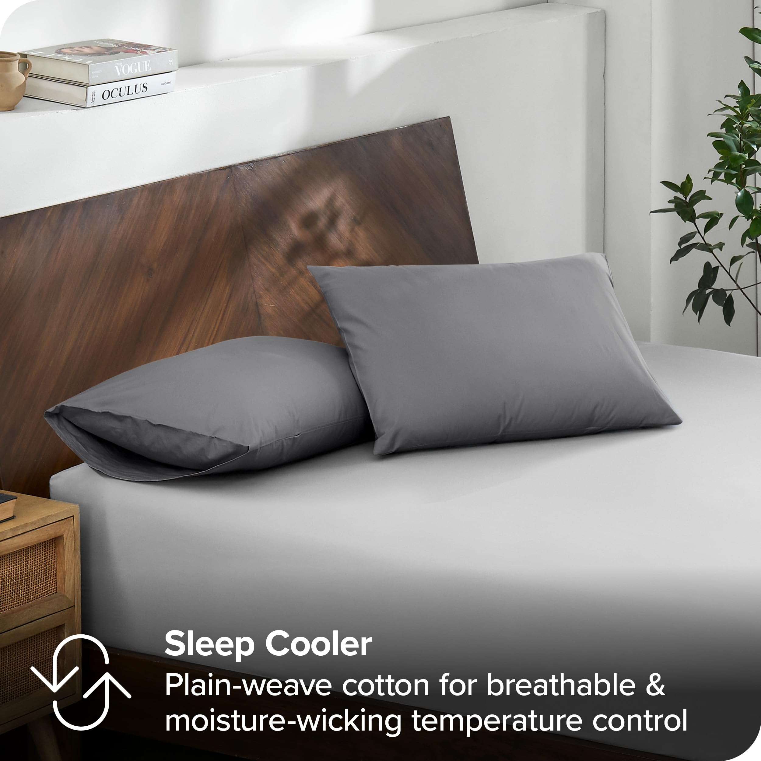 Bare Home 100% Organic Cotton King Size Pillowcase Set - 2 Pack Crisp Percale Weave - Lightweight & Breathable Grey Pillow Covers - Perfect for Bedroom, Hotel, Travel & Guest Room Use