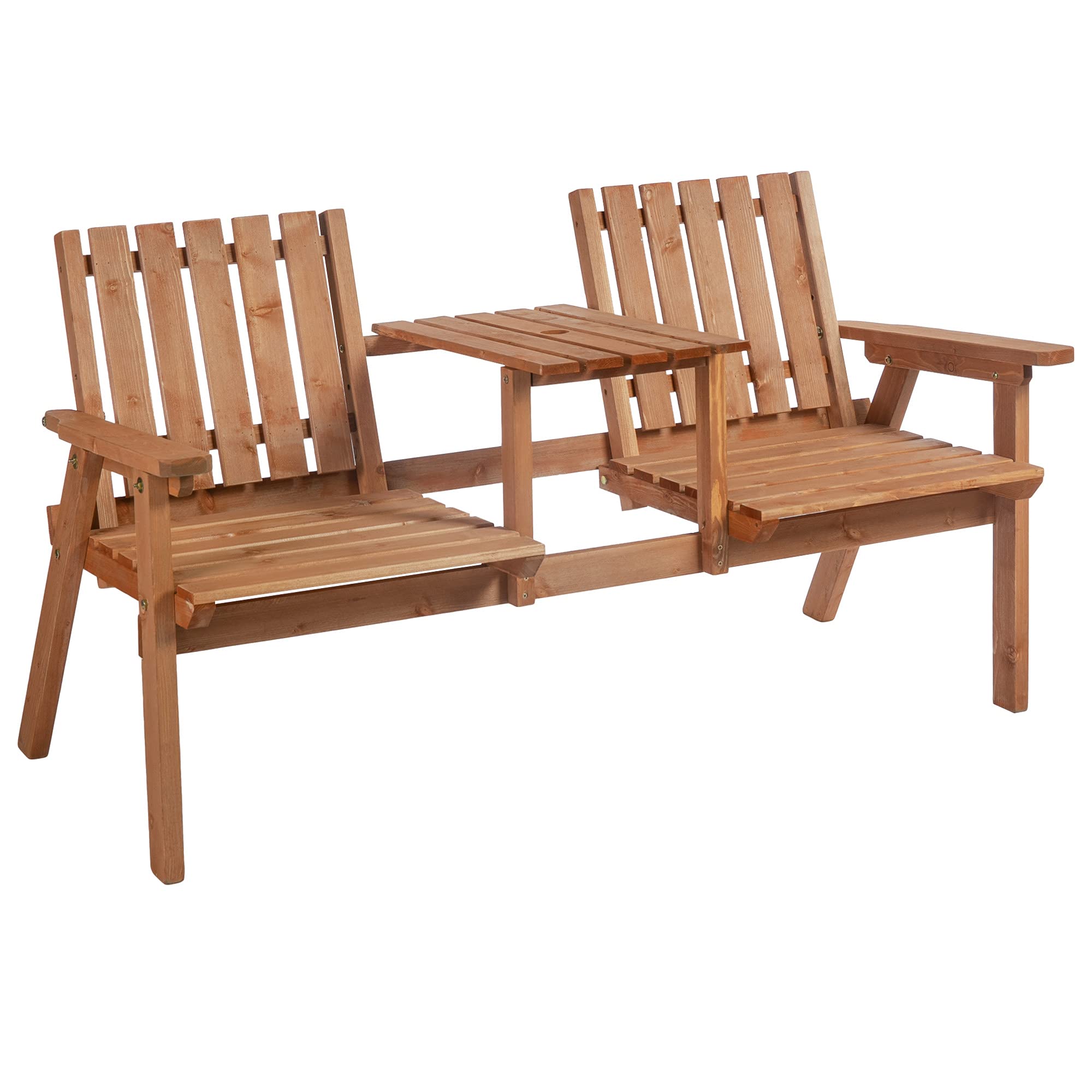 Outsunny Orange Wooden Patio Bench with Middle Table & Umbrella Hole - Outdoor Garden Bench for Patio, Porch, Poolside, Balcony - Perfect for Relaxing, Entertaining & Sunbathing