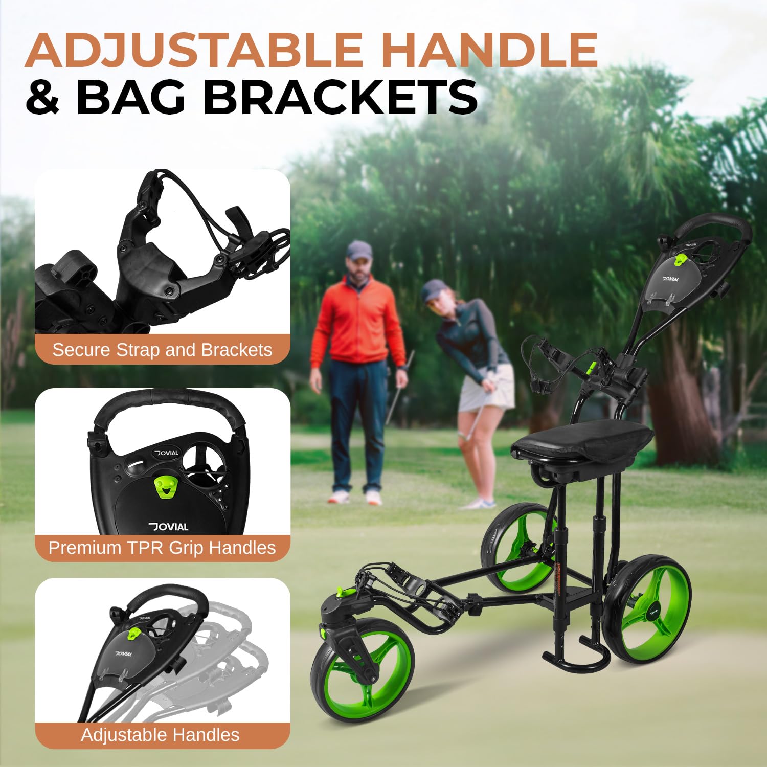 JOVIAL 3 Wheel Golf Push Pull Cart with Built-in Seat - Lightweight Foldable Golf Caddy Accessories | Includes Scorecard Holder, Water Bottle/Mobile/Umbrella/Towel Holder | Perfect for Golf Course Relaxation & Walking Rounds