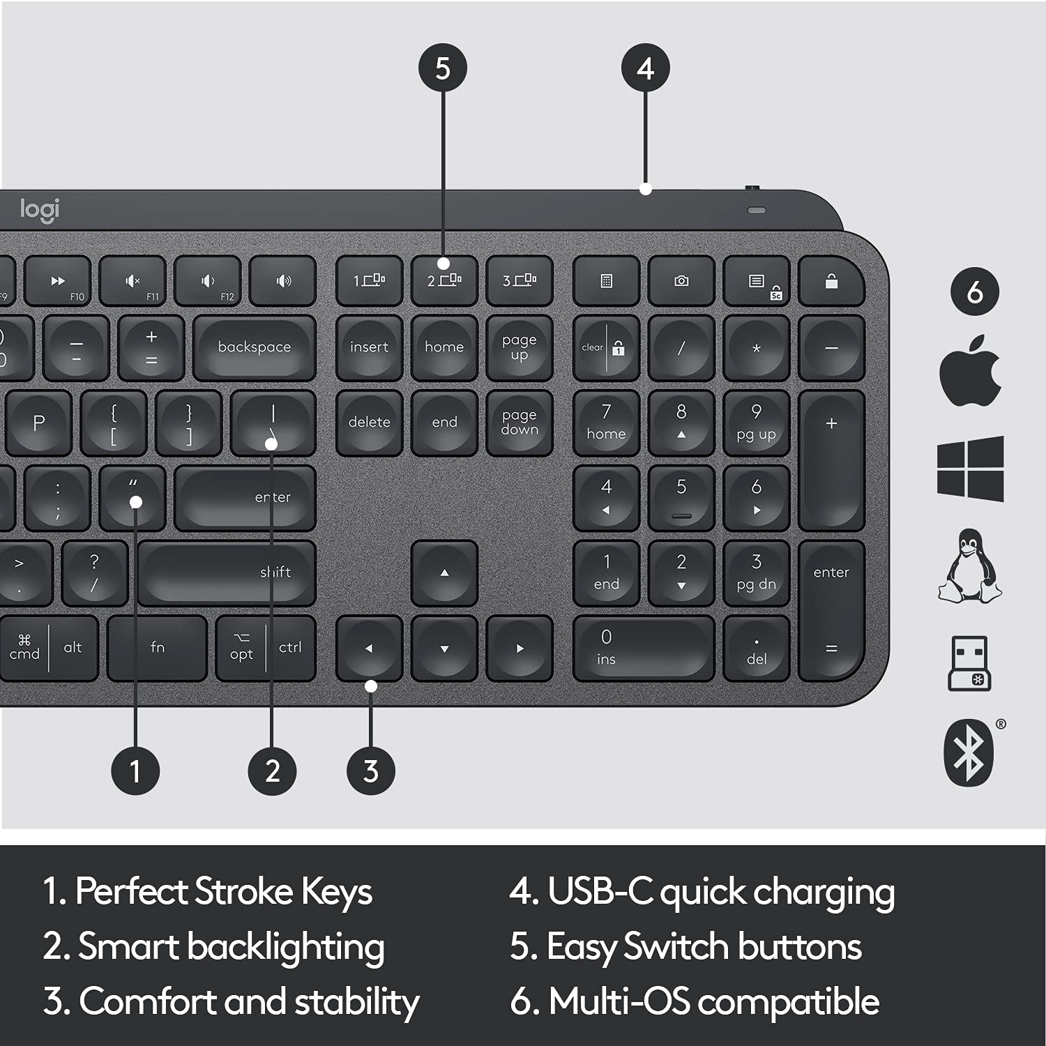 Logitech MX Keys Advanced Wireless Illuminated Keyboard - Tactile Responsive Typing, Backlit Keys, Bluetooth/USB-C Connectivity, Compatible with macOS, Windows, Linux, iOS & Android - Premium Metal Build (Graphite) - Perfect for Office Work, Gaming & Programming