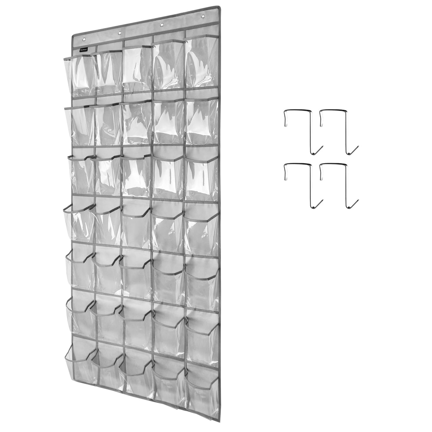 Clear Crystal 35-Pocket Over The Door Hanging Shoe Organizer - Large Grey Closet Storage with 4 Hooks - Perfect for Bedroom, Dorm, Apartment & Entryway Shoe Organization
