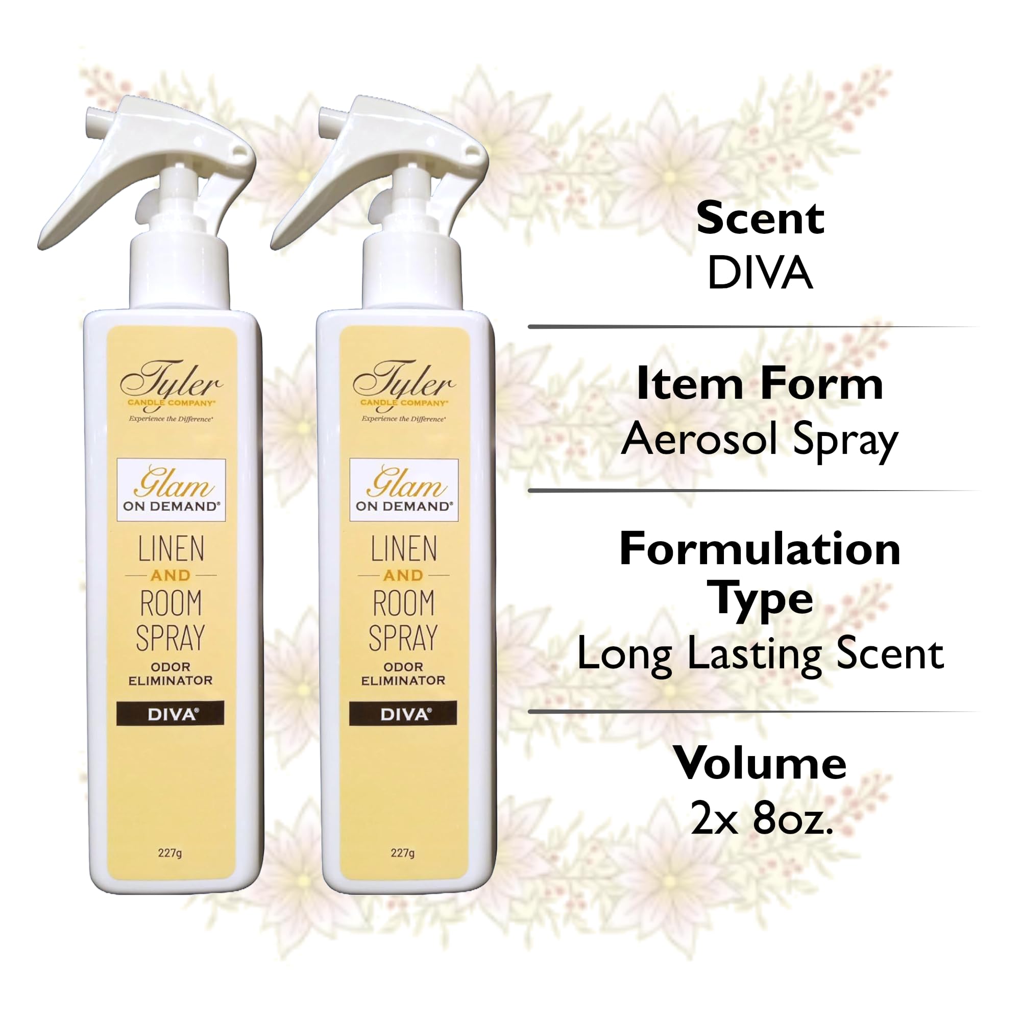 Tyler Glam on Demand - Diva Scent Linen & Room Spray 2-Pack | Air Freshener & Odor Eliminator with Stain Remover Pen | Laundry Essentials for Home, Bedroom & Travel | Fresh Linen Fragrance for Clothes & Fabrics