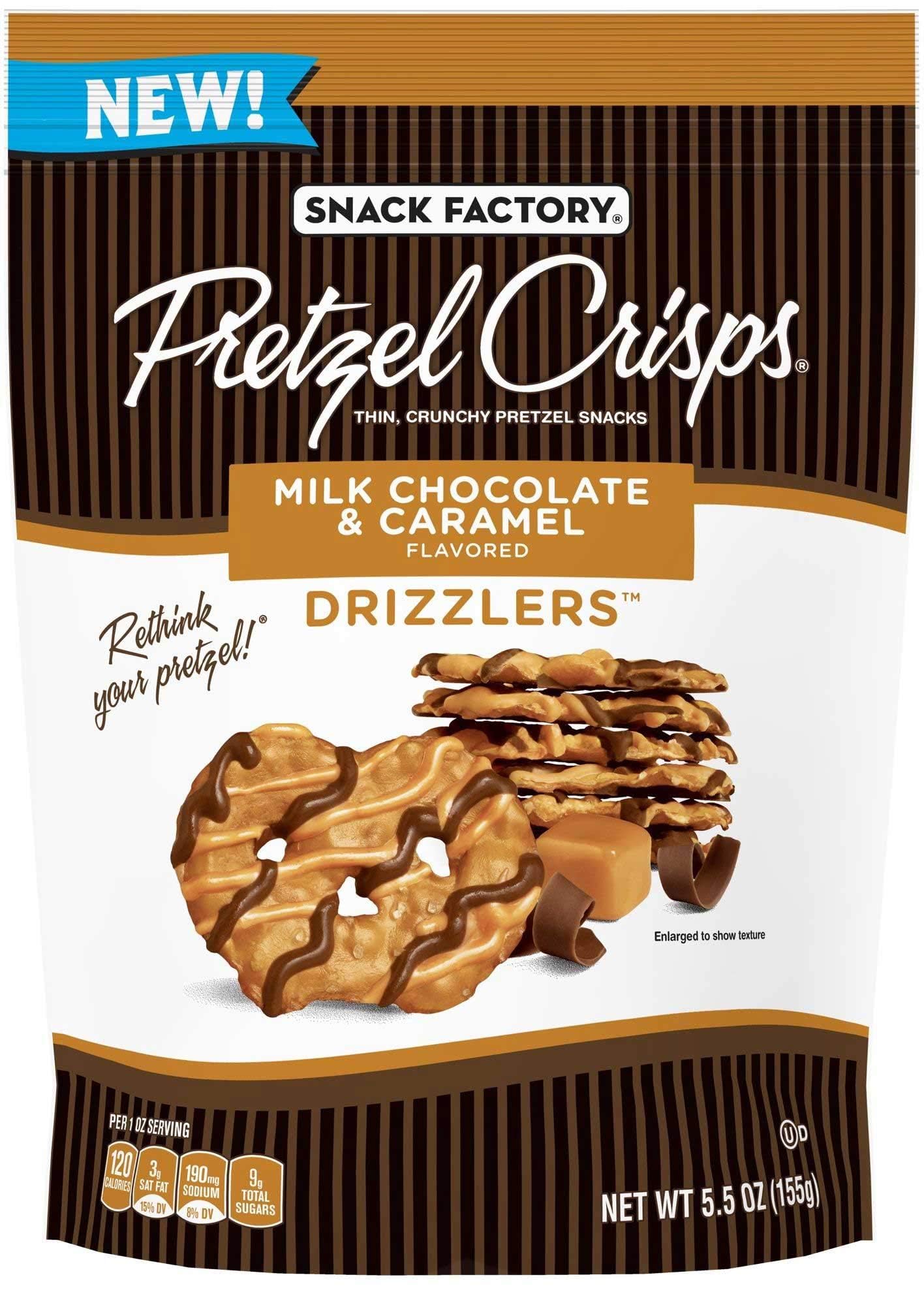 Pretzel Crisps Drizzlers Milk Chocolate Caramel Pretzel Snacks, 5.5oz (12 Pack) - Crunchy Sweet & Salty Treat for Parties, Office Snacks & Movie Nights