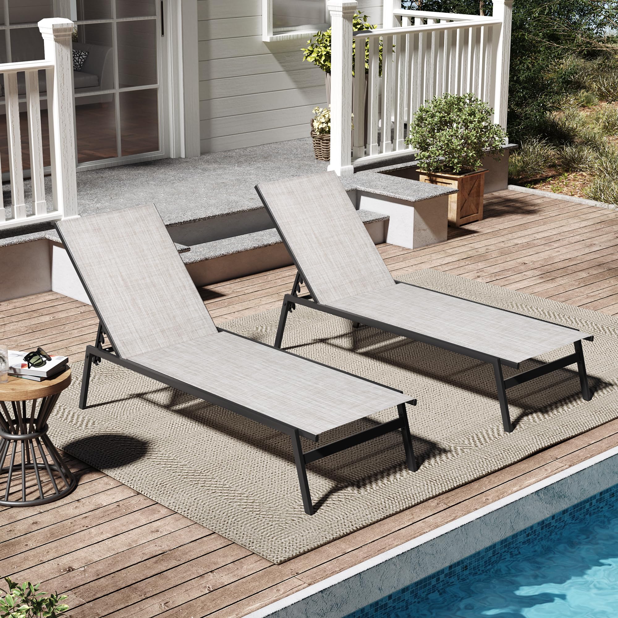 Pellebant Outdoor Lounge Chairs Set of 2 - Adjustable Backrest Patio Chaise Lounges, Rustproof Poolside Sunbathing Chairs for Deck, Beach & Backyard (2-Piece, Beige) | Perfect for Relaxing by the Pool, Garden or Outdoor Spaces