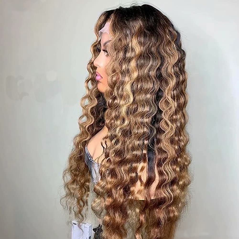 13x6 HD Transparent Lace Human Hair Wig - 180% Density Ombre Curly Brazilian Remy Hair, Pre-Plucked with Baby Hair, Glueless Deep Wave Design, 24 Inch for Women | Perfect for Daily Wear, Parties, and Special Occasions