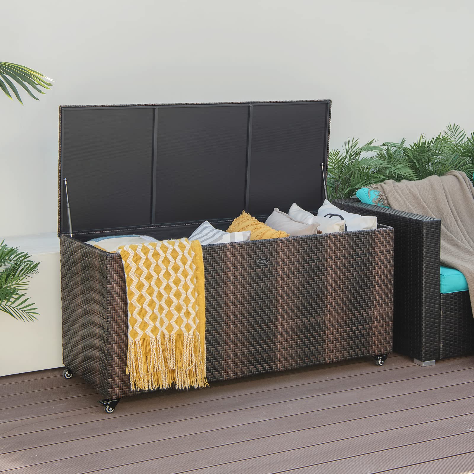 **96 Gallon Outdoor Rattan Deck Box with Wheels - PE Wicker Patio Storage Box with Liner, 2-in-1 Multifunctional Storage for Patio Furniture Cushions, Garden Tools & Pool Accessories - Perfect for Backyard, Deck, and Poolside Organization**