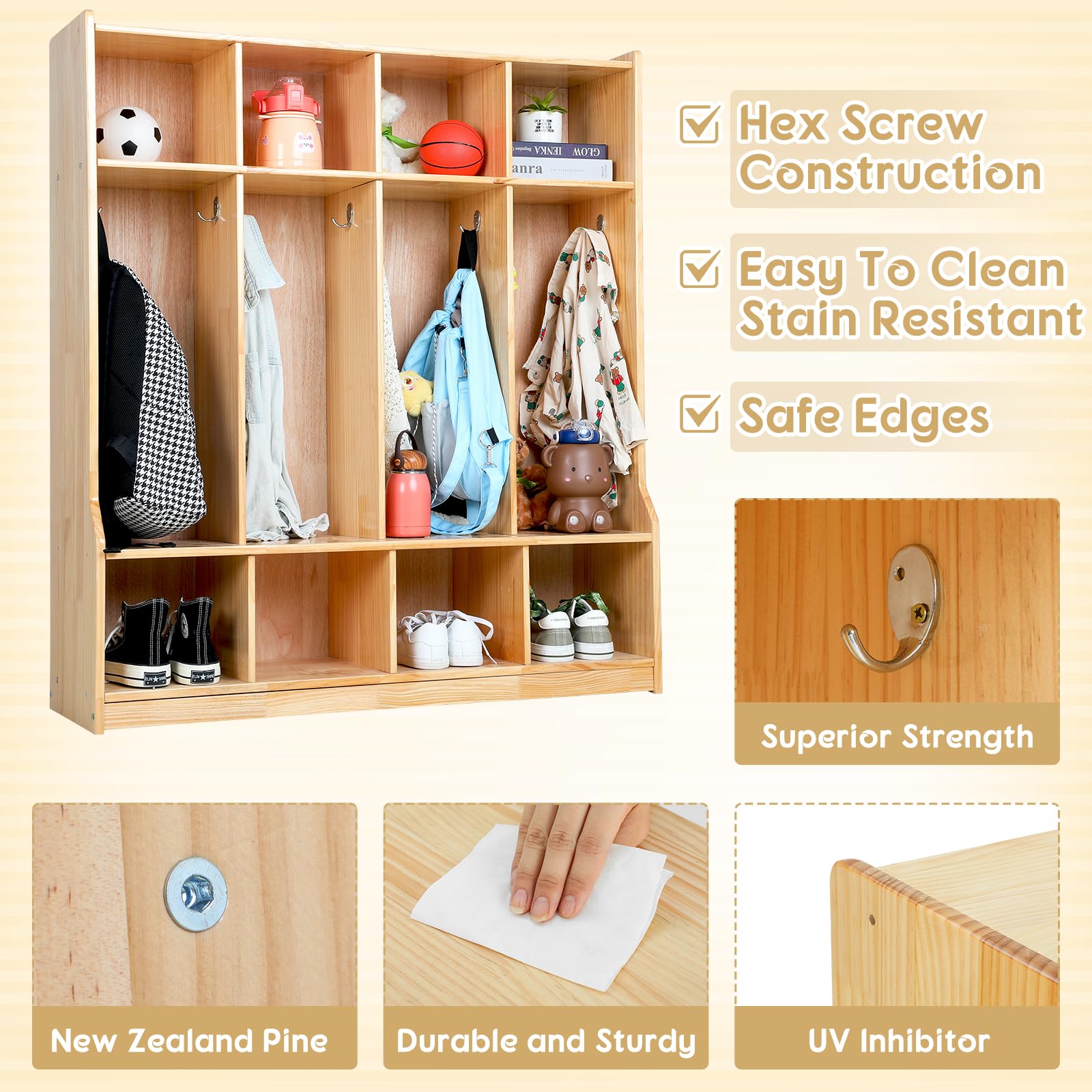 4-Section Wooden Coat Locker with Bench - Natural Pine Backpack Storage Cubby with Hooks - Perfect for Daycare, Classroom & Home Organization - Ideal for Kids' Backpack Storage, Shoe Organization & Entryway Decor