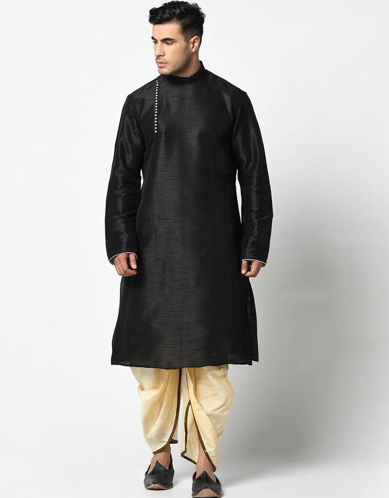 Black Kurta Dupion Silk Dhoti Set for Men - Traditional Indian Ethnic Wear for Weddings, Festivals & Special Occasions