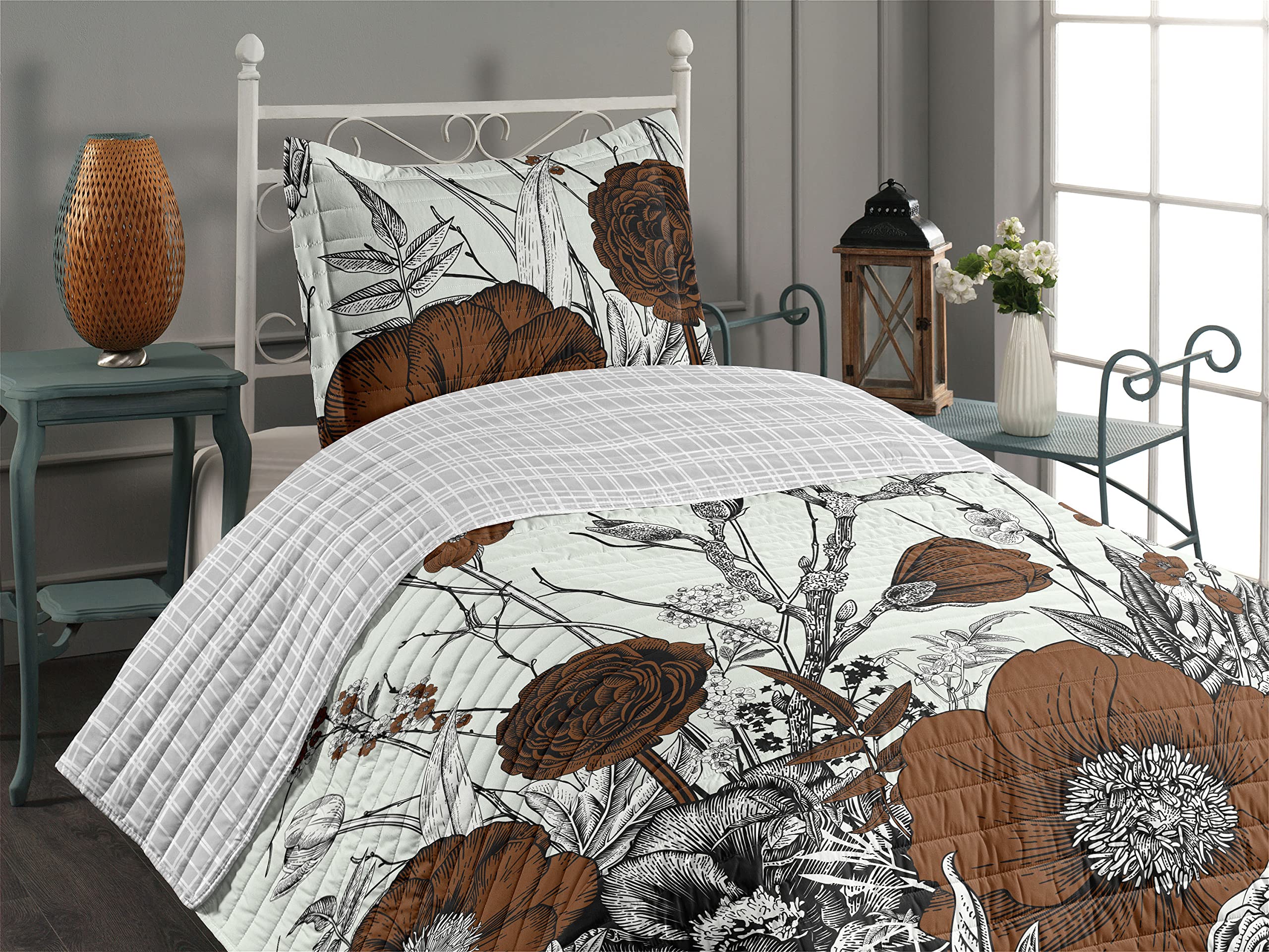 Ambesonne Reversible Dogwood Flower Bedspread Set - Twin Size Chocolate Microfiber Comforter with Pillow Shams | Retro Spring Cherry Blossom Botanical Design | Perfect for Guest Rooms, Dorm Decor & Cozy Bedroom Makeover