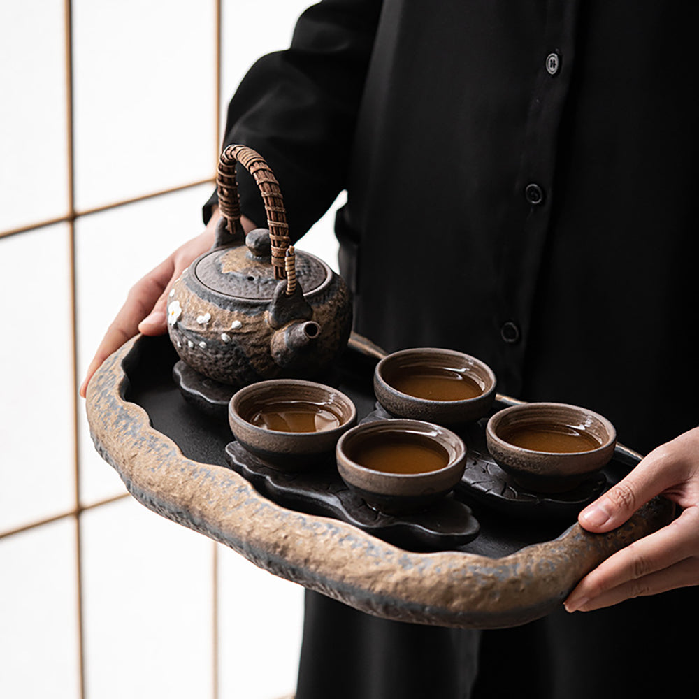 Handmade Stone Pottery Lotus Lake Tea Set - Ceramic Tea Cup & Teapot Gift Set for Home, Office & Meditation Use
