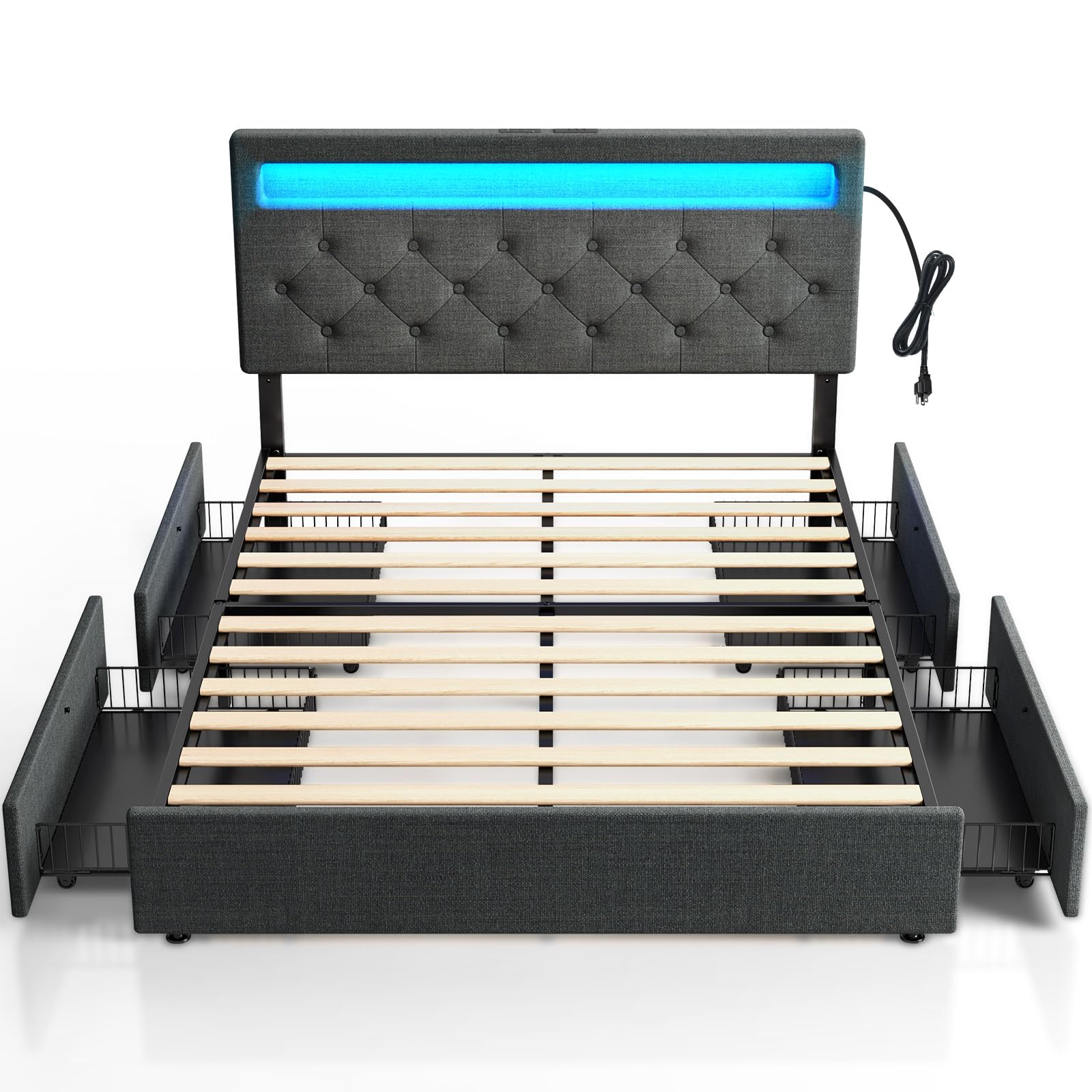 Rolanstar Queen Size Upholstered Bed Frame with USB Charging Station, LED Lights & 4 Storage Drawers - Adjustable Headboard, No Box Spring Needed, Easy Assembly, Dark Gray - Perfect for Modern Bedrooms, Guest Rooms & Small Spaces