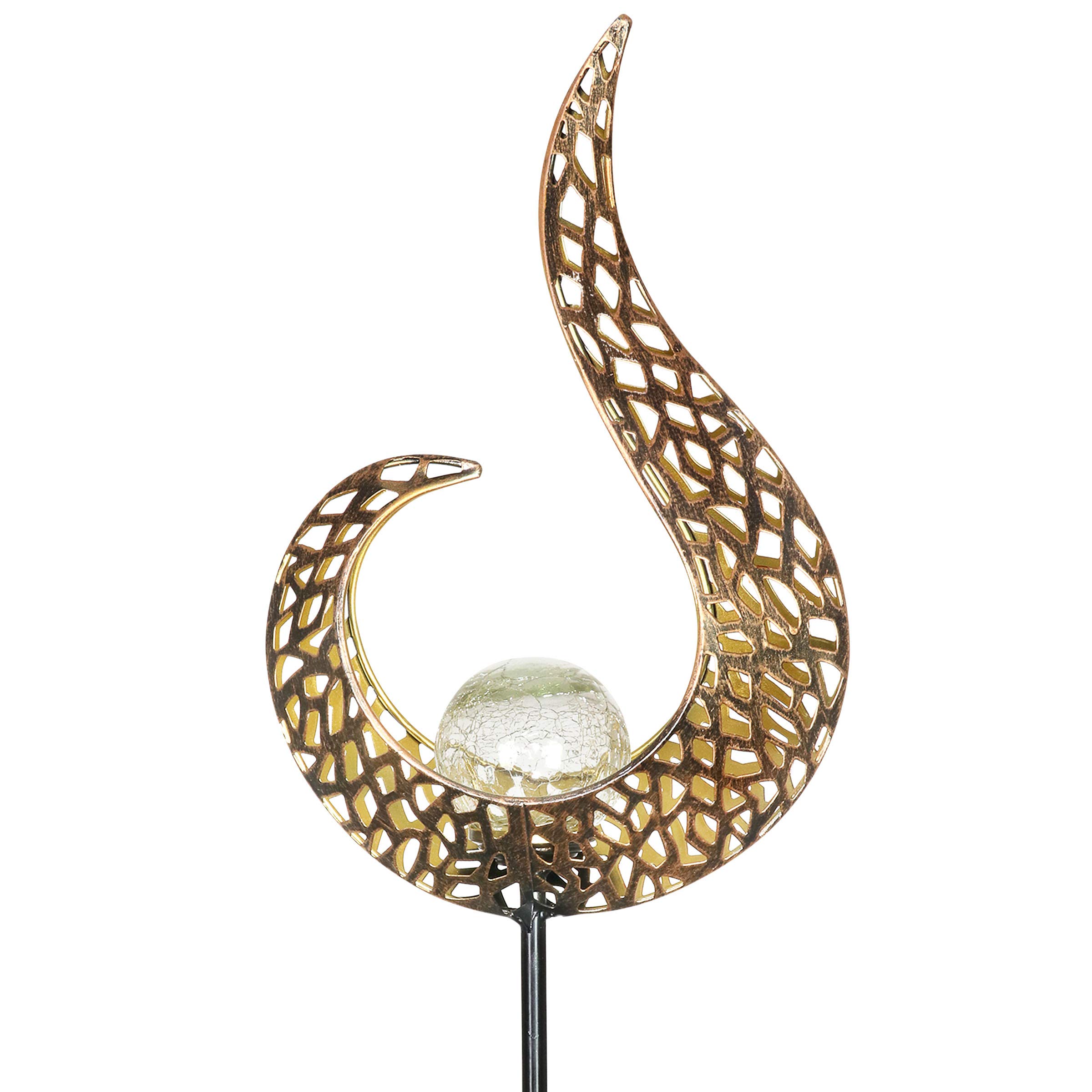 Exhart Solar Garden Lights - Half Flame Metal Filigree Torch Stake with Flickering LED Crackle Glass Ball - Outdoor Solar Decor (6.5 x 3 x 35.5 Inch) for Patio, Yard, Pathway & Landscape Lighting