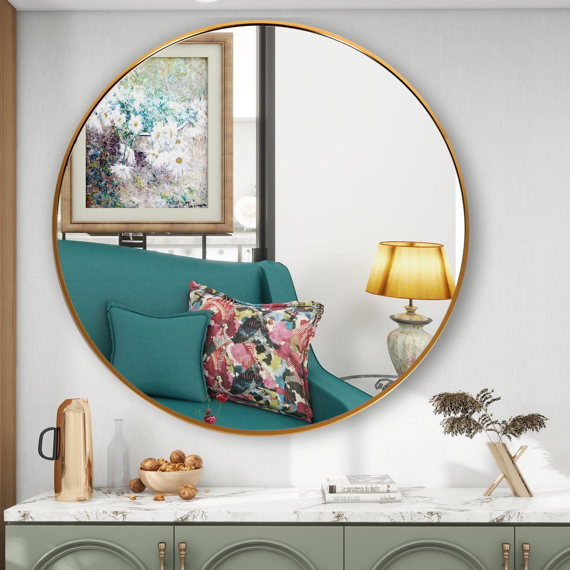 FANYUSHOW 19.6 Inch Gold Round Wall Mirror - Elegant Metal Frame Circle Mirror for Living Room, Bathroom, Entryway & Vanity | Modern Home Decor & Makeup Mirror