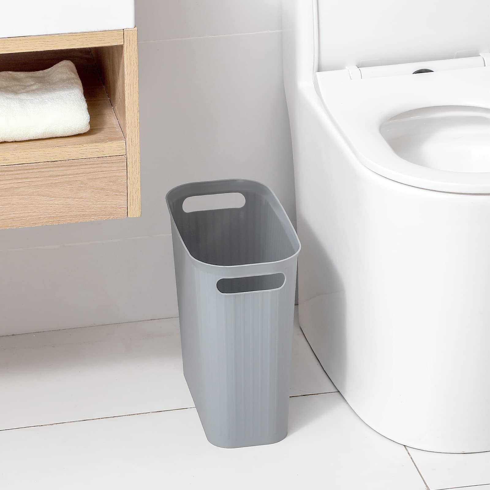 Rejomiik 3.5 Gallon Slim Plastic Trash Can with Handles - Small Waste Basket for Bathroom, Bedroom, Office, Kitchen & Dorm - Space-Saving Rectangular Garbage Bin (Gray, 1-Pack) - Perfect for Tight Spaces & Home Organization