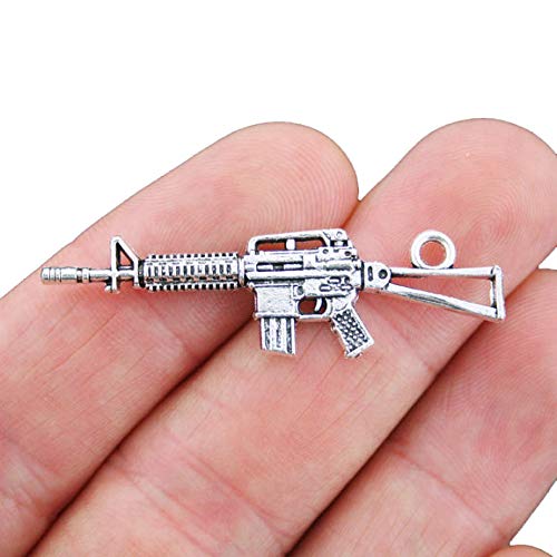 Vintage Silver Tone Machine Gun Charms - 6-Piece Set with Double-Sided Design SC5096 | Perfect for Jewelry Making, DIY Crafts, and Military-Themed Accessories
