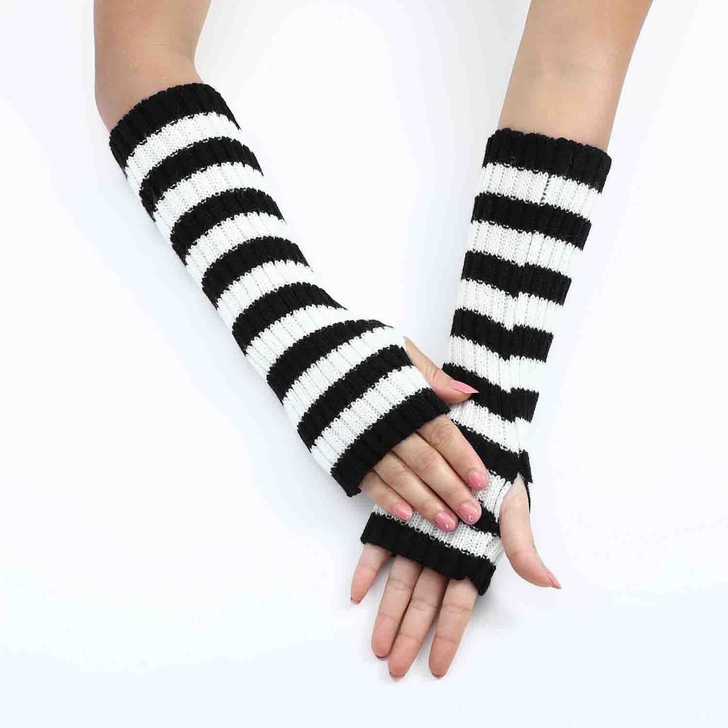 BXCNCKD Grunge Gloves - Fairy Grunge Crochet Arm Warmers with Zebra Stripes | Aesthetic Goblincore Accessories for Alternative Fashion & Gothic Outfits
