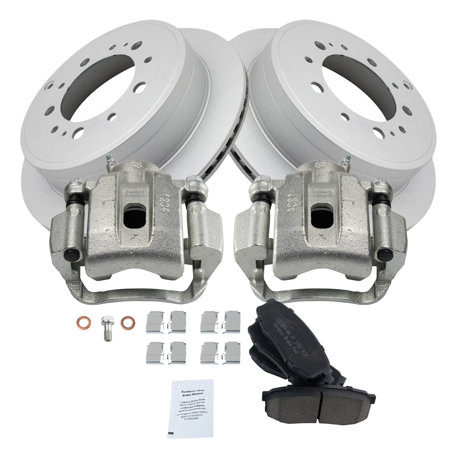 Premium TRQ Ceramic G-Coated Rear Brake Pad & Rotor Kit with Caliper - Compatible with 2008-2015 Toyota Sequoia & 2007-2015 Tundra - Smooth Stopping Power for Highway Driving & Heavy Loads