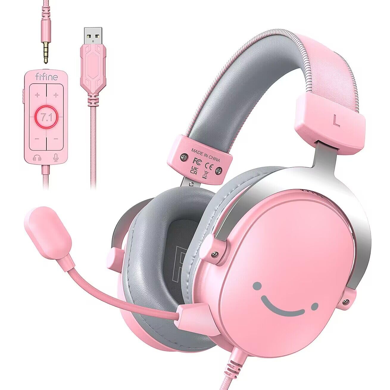 FIFINE Pink Gaming Headset with Microphone - 3.5mm/USB Over-Ear Headphones for PC, Xbox, PS4/PS5 - 7.1 Surround Sound, Detachable Mic & Soft Earmuffs - Perfect for Gaming, Streaming & Online Meetings (AmpliGame H9 Pink)