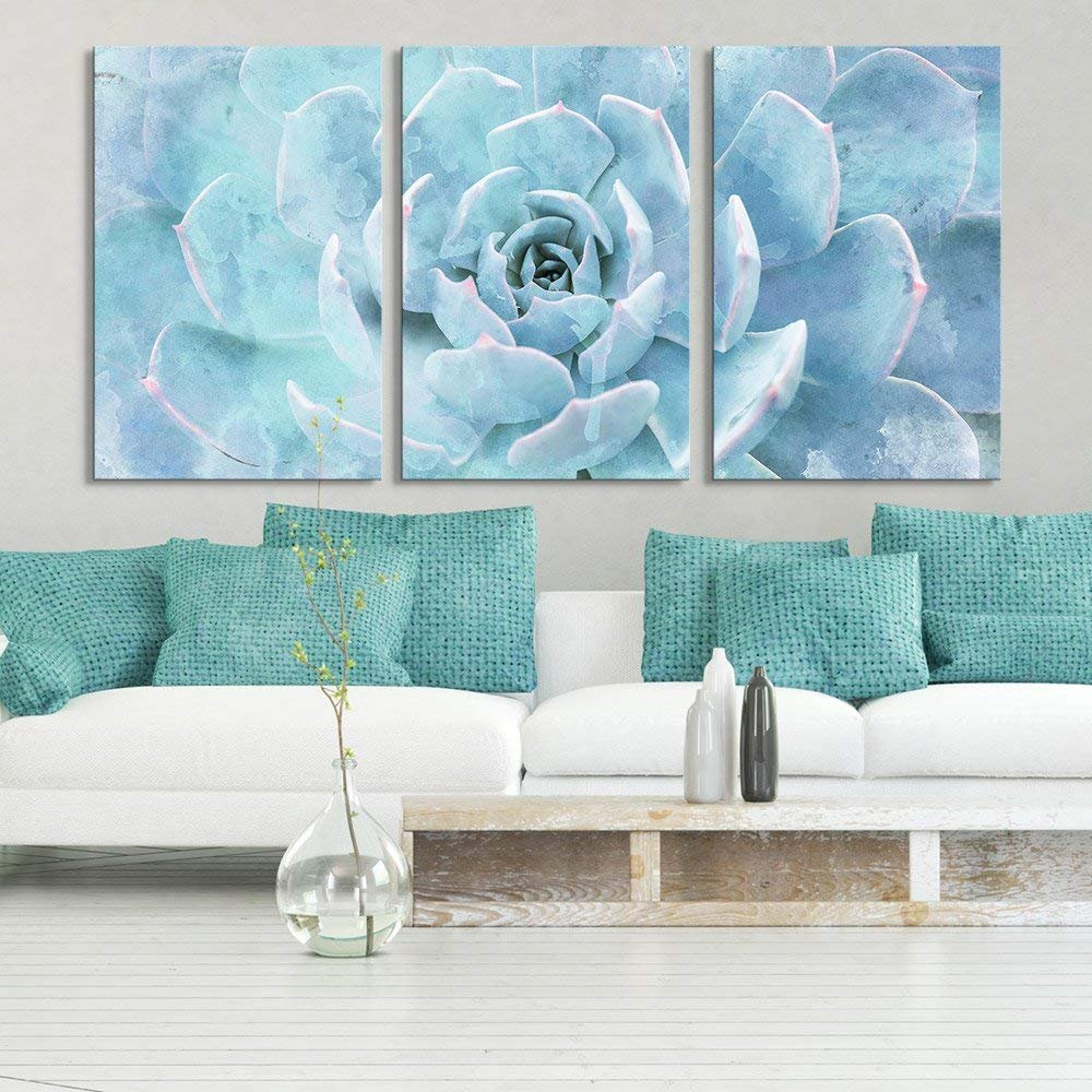 Blue Succulent Plant Canvas Wall Art Set - 3 Panel Modern Home Decor - 16
