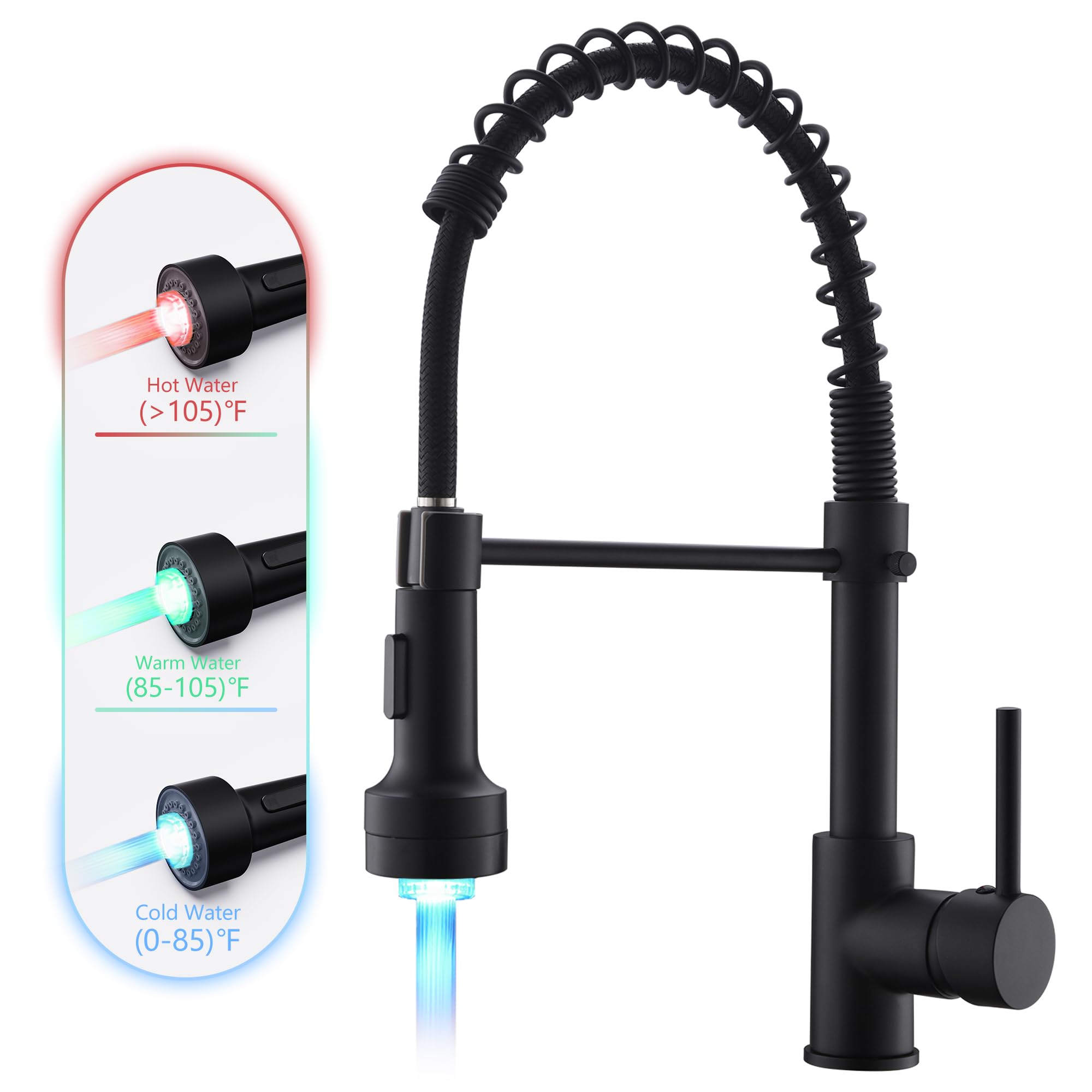 GIMILI Matte Black Kitchen Faucet with LED Light - Single Hole Spring Sink Faucet with Pull Down Sprayer for Modern Home Kitchen Renovation