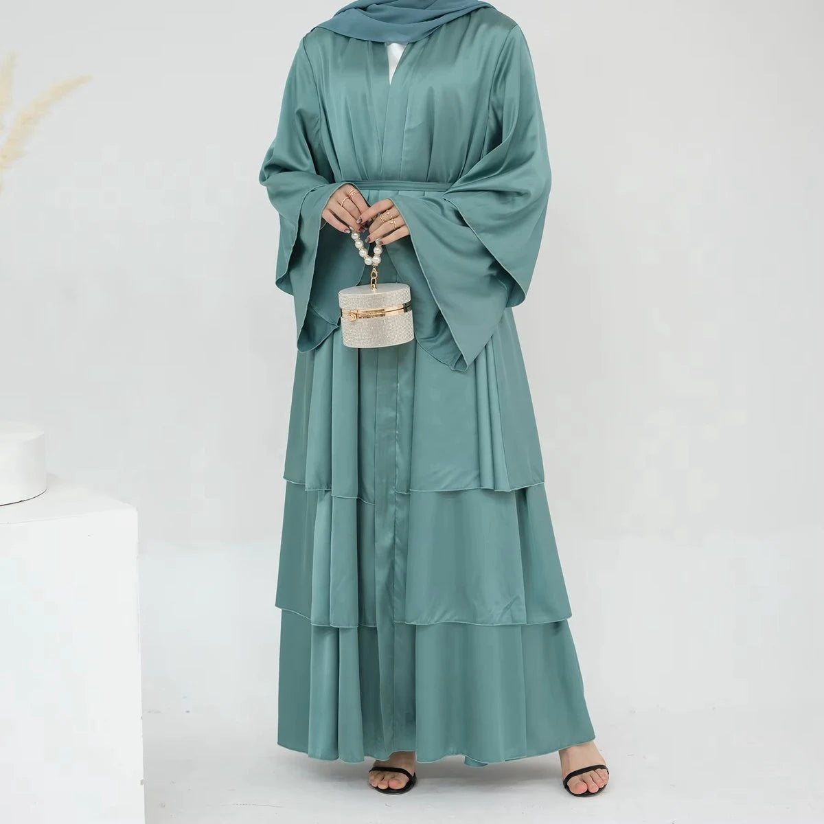 Elegant Muslim Women's 3-Layer Satin Open Abaya Dress - Modest Islamic Prayer Dress for Mosque & Special Occasions