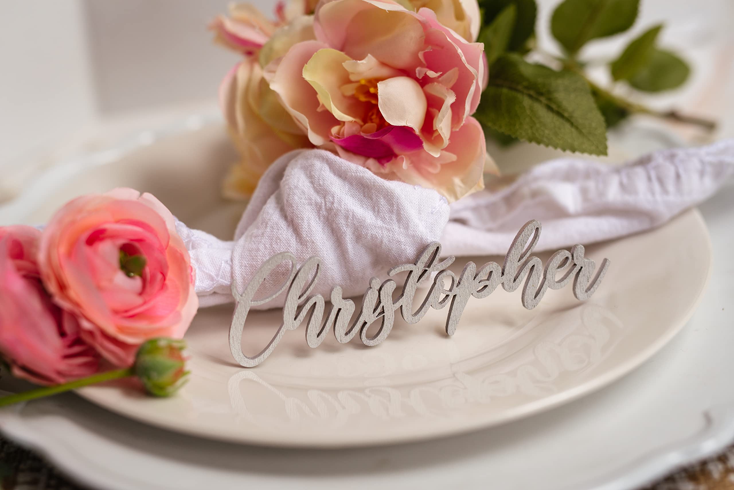 Personalized Wooden Name Tags for Wedding Place Settings - Custom Laser Cut Seating Cards in Elegant Cursive Script (Silver) - Perfect for Bridal Showers, Dinner Parties & Special Events