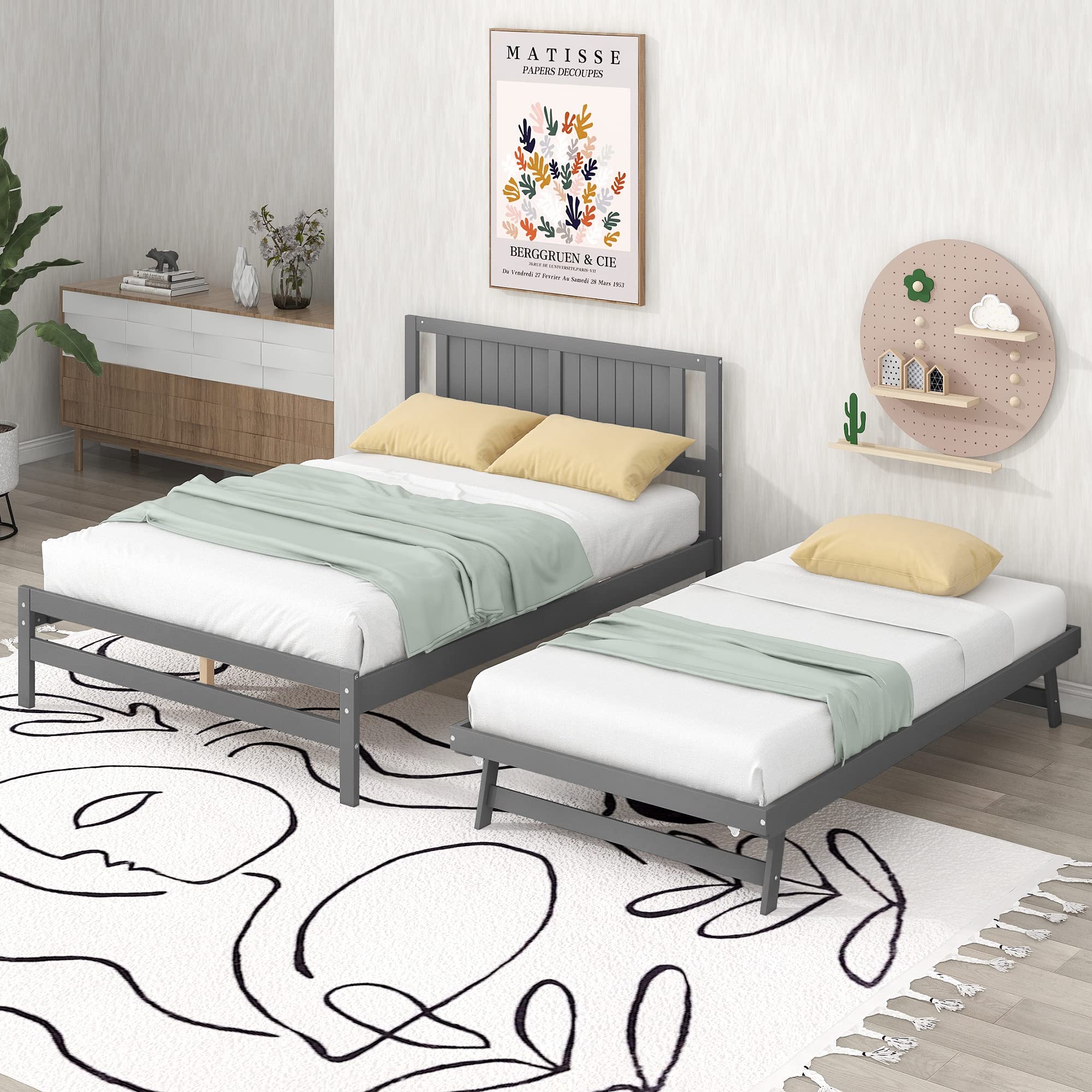 OCTM Full Size Platform Bed Frame with Adjustable Trundle - Sturdy Non-Slip Design, Enhanced Mattress Support, Noise-Free & Easy Assembly (Full, Gray) - Perfect for Guest Rooms, Small Apartments & Modern Bedrooms