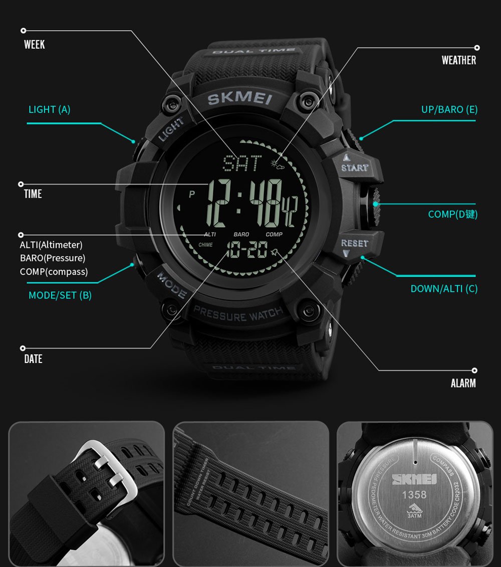 Men's Digital Sports Watch with Pedometer, Altimeter, Barometer, Compass & Thermometer - Track Steps, Calories & Weather - Perfect for Hiking, Running & Outdoor Adventures