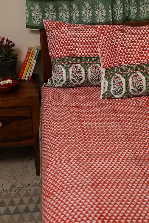 Trumpet Creeper Handblock Printed Cotton Bedsheet - 100% Pure Cotton Queen Size Bed Sheet Set - Bohemian Floral Design for Bedroom Decor & Home Textiles