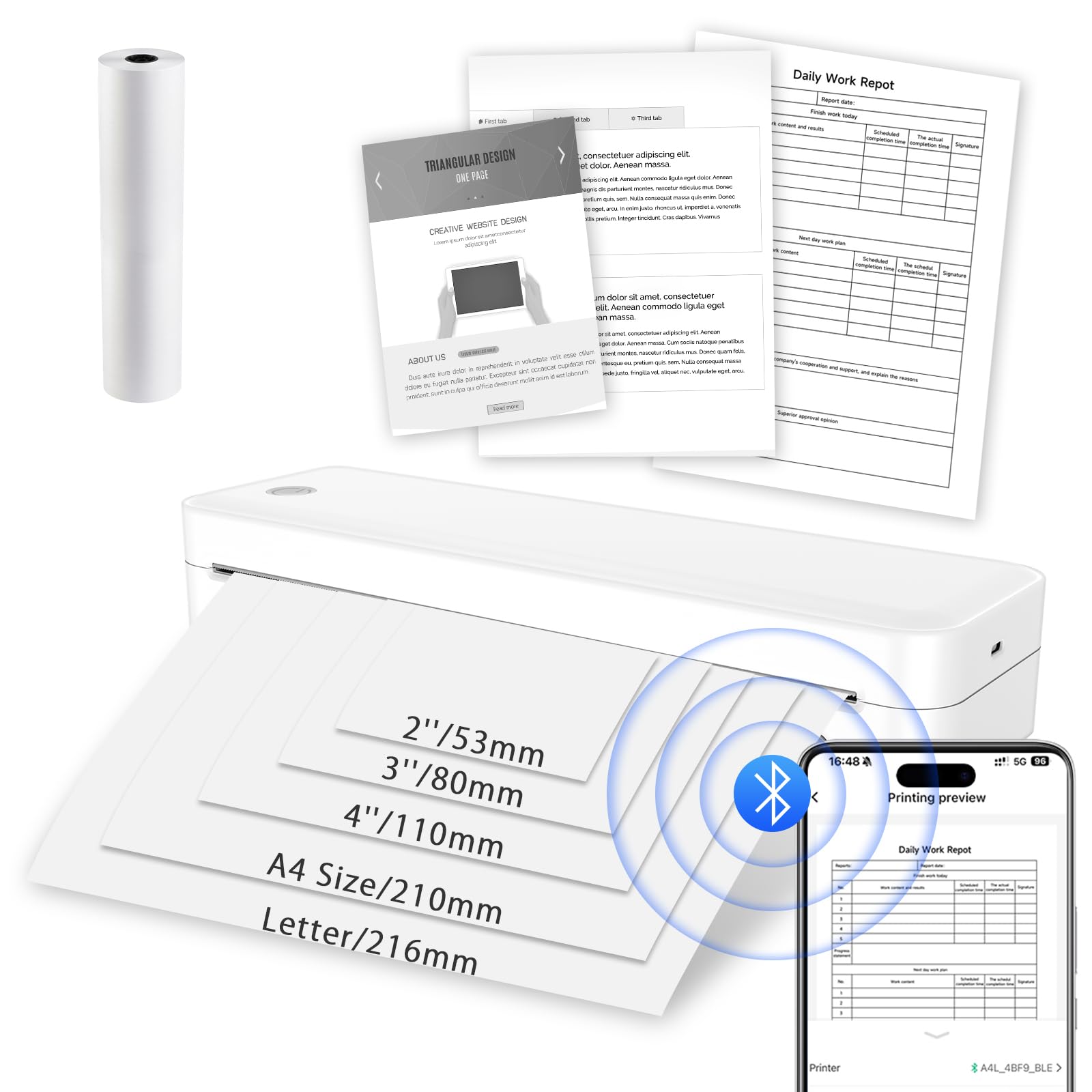 LVCDODVD Wireless Thermal Printer - Portable Bluetooth Printer for Smartphone, Tablet & Laptop | Supports Roll Paper & Fanfold Paper in Multiple Sizes | Ideal for Travel, Receipt Printing, Label Making & Mobile Business