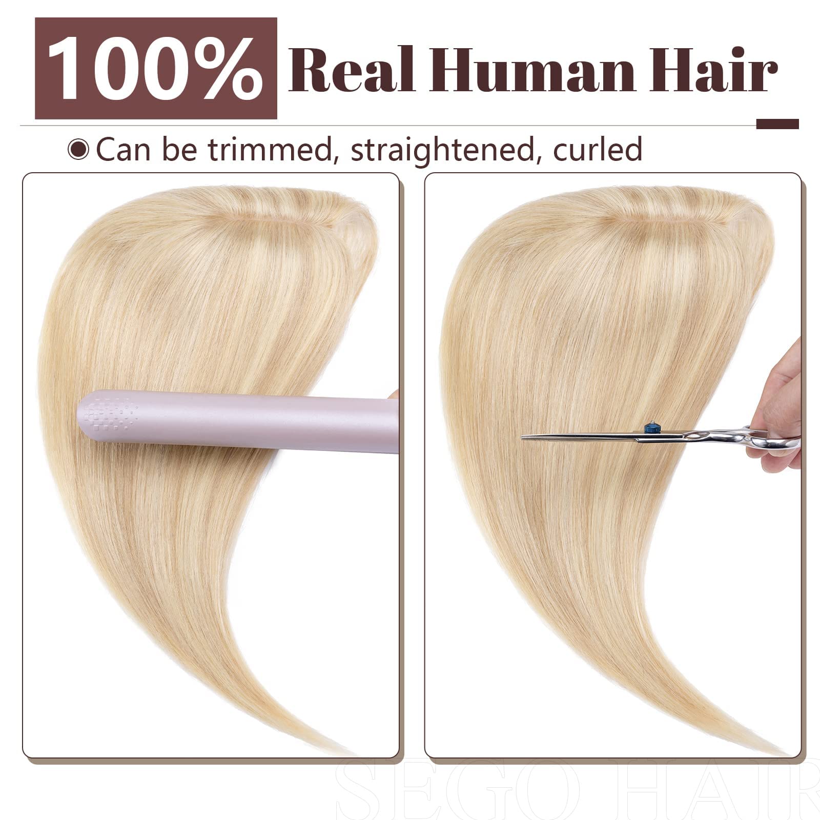 SEGO 12 Inch Real Human Hair Topper for Women - 120% Density Silk Base Hairpiece for Thinning Hair, Hair Loss & Gray Coverage - Ash Blonde & Bleach Blonde | Perfect for Daily Wear, Special Occasions & Hair Volume Enhancement