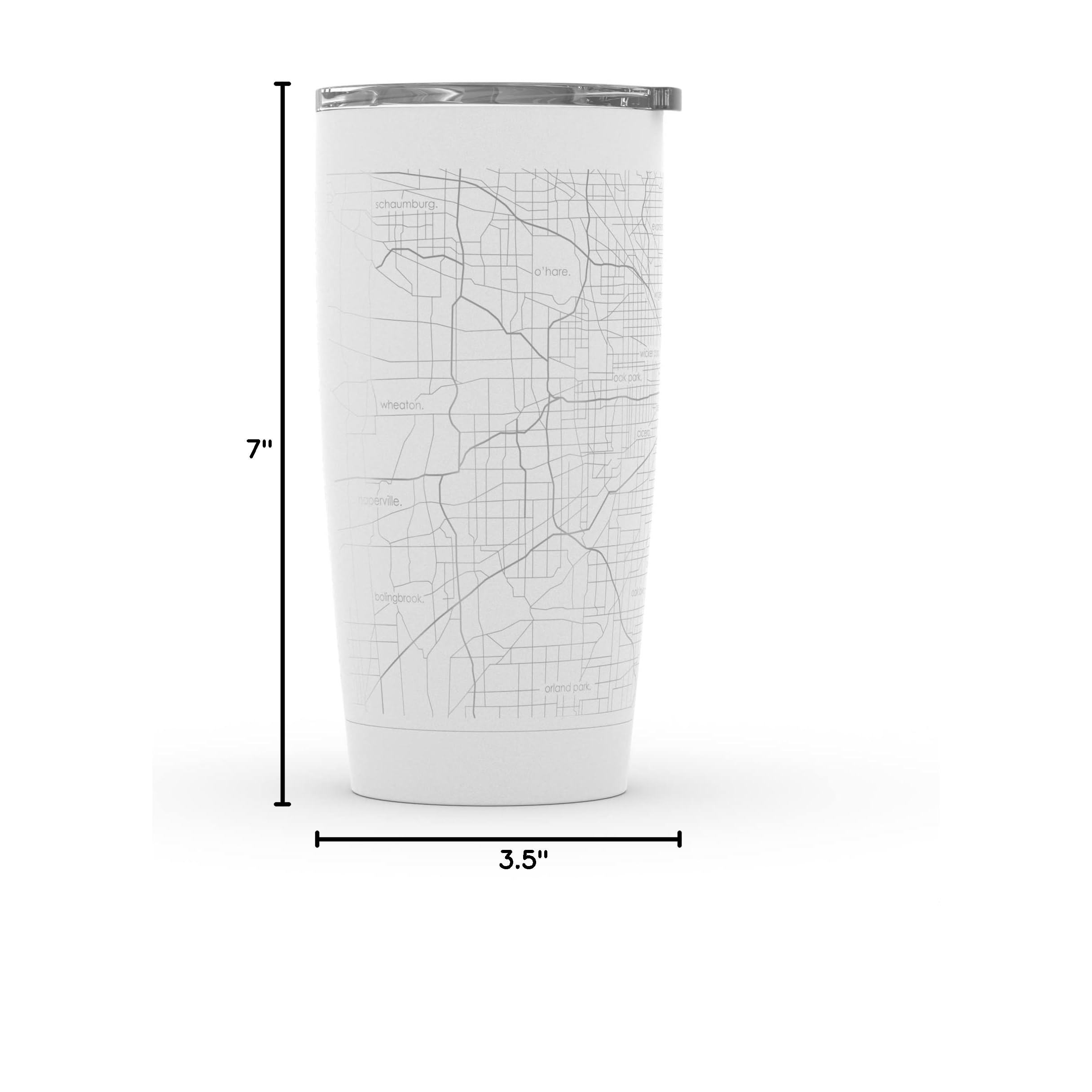 Engraved Chicago Illinois Map Insulated Coffee Tumbler - 20oz Stainless Steel Travel Mug with Etched City Design, White - Perfect for Office, Commuting & Outdoor Adventures