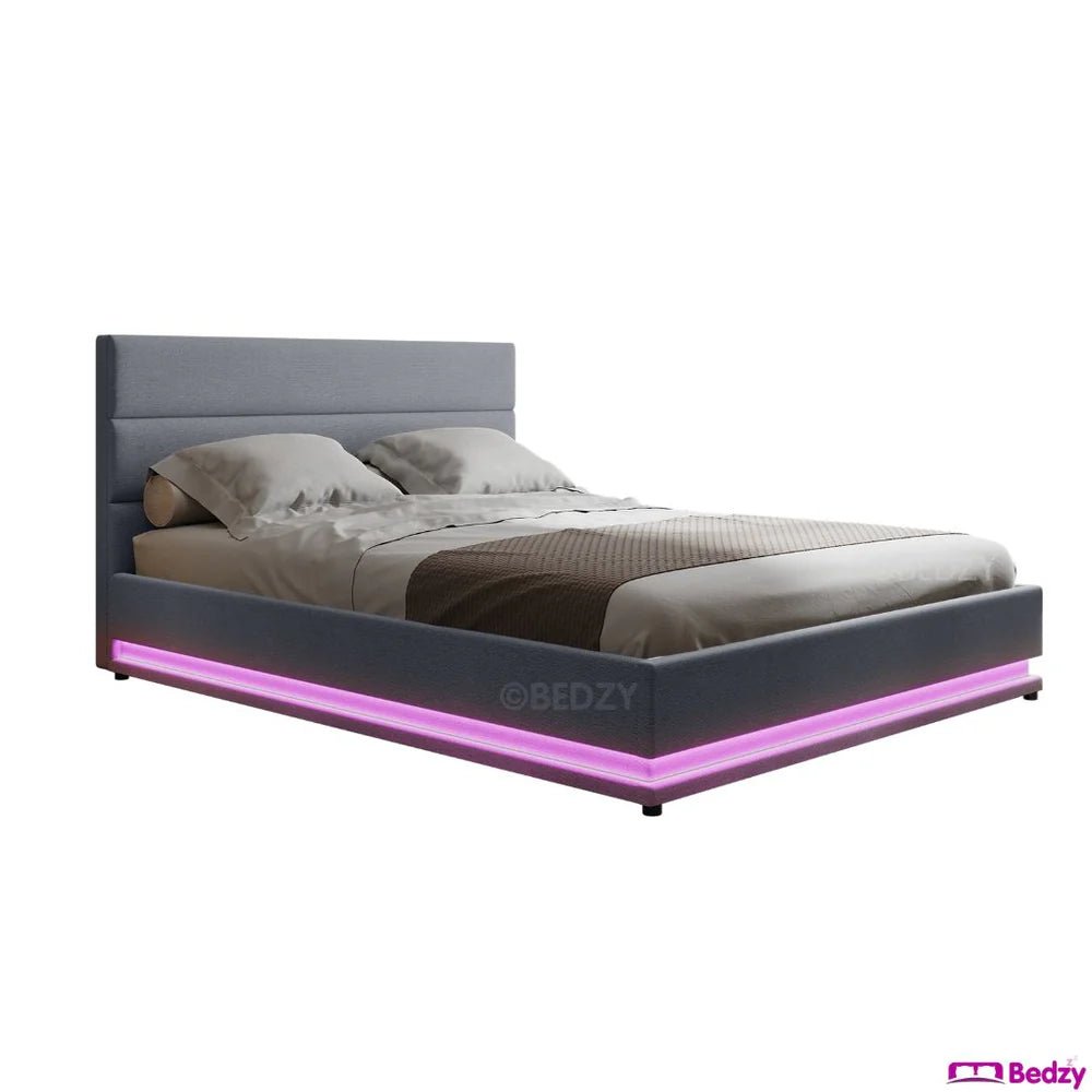 Henley Queen Size Gas Lift Storage Bed Frame with LED Lights - Grey Upholstered Platform Bed for Modern Bedroom, Guest Room, or Small Space