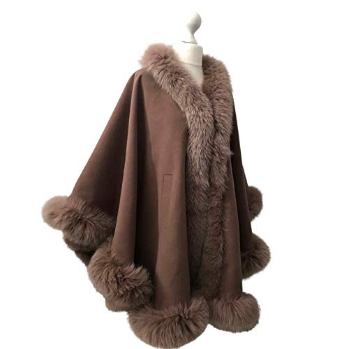 Luxury Brown Women's Winter Coat with Fox Fur Cape Trim - Camel Warm Poncho Jacket with Lining - Tan Heavy Winter Coat for Women | Perfect for Cold Weather, Holiday Outfits & Fashionable Outerwear