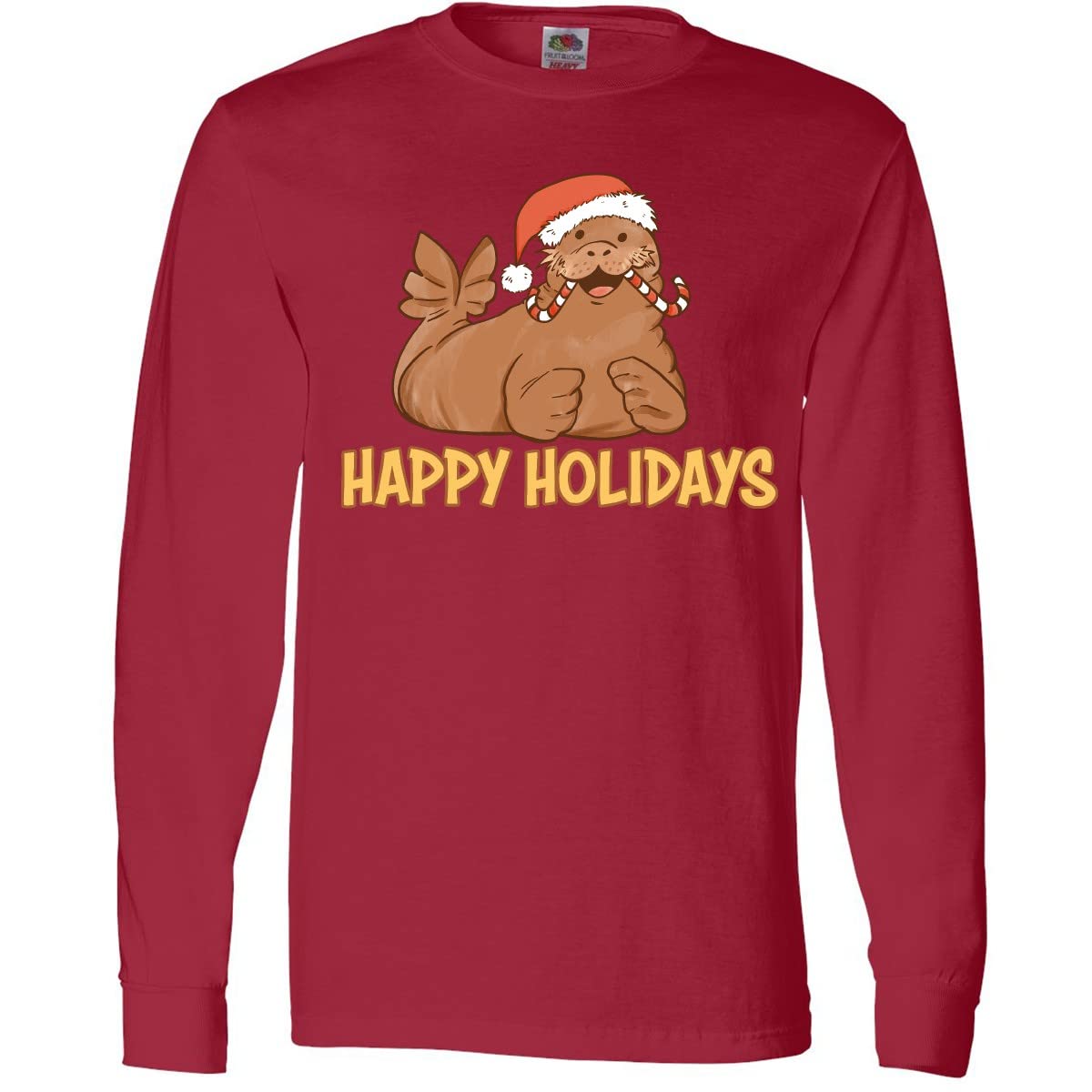 Inktastic Happy Holidays Candy Cane Walrus Long Sleeve T-Shirt for Christmas - Festive Winter Graphic Tee for Family Gatherings & Holiday Parties
