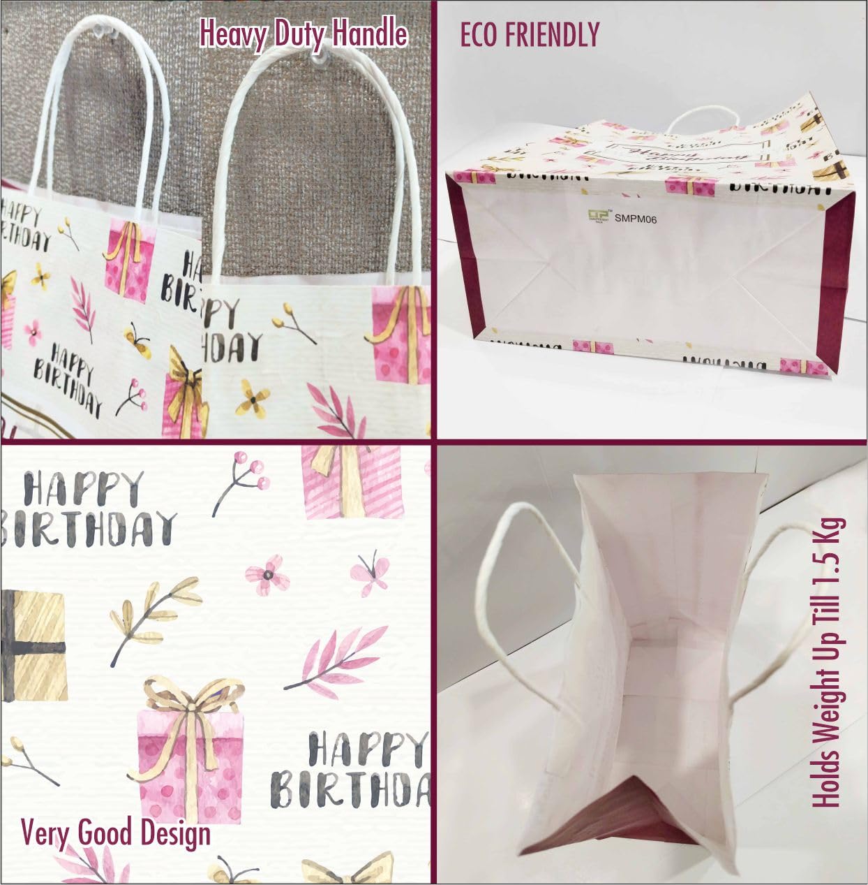 Omnipresent Pack 12-Piece Happy Birthday Printed Paper Gift Bags - 11.4x9.4x4.7 Inch Cream Colored 90 GSM - Perfect for Party Favors, Wedding Gifts & Holiday Presents