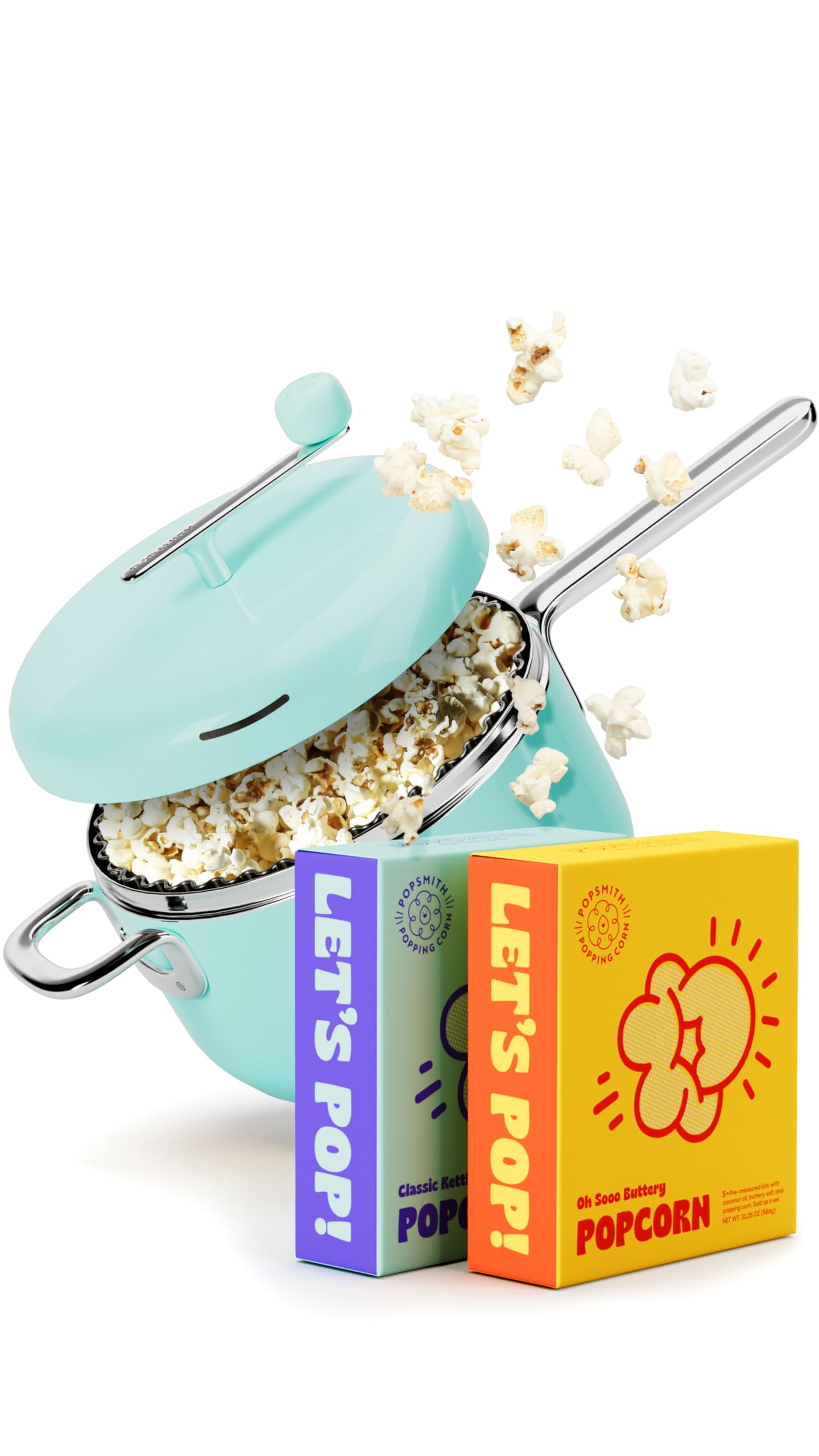 POPSMITH 6 Quart Stainless Steel Stovetop Popcorn Maker with 10 Popcorn Kits (5 Movie Theater & 5 Kettle Corn) - Perfect for Home Movie Nights, Parties & Snack Time