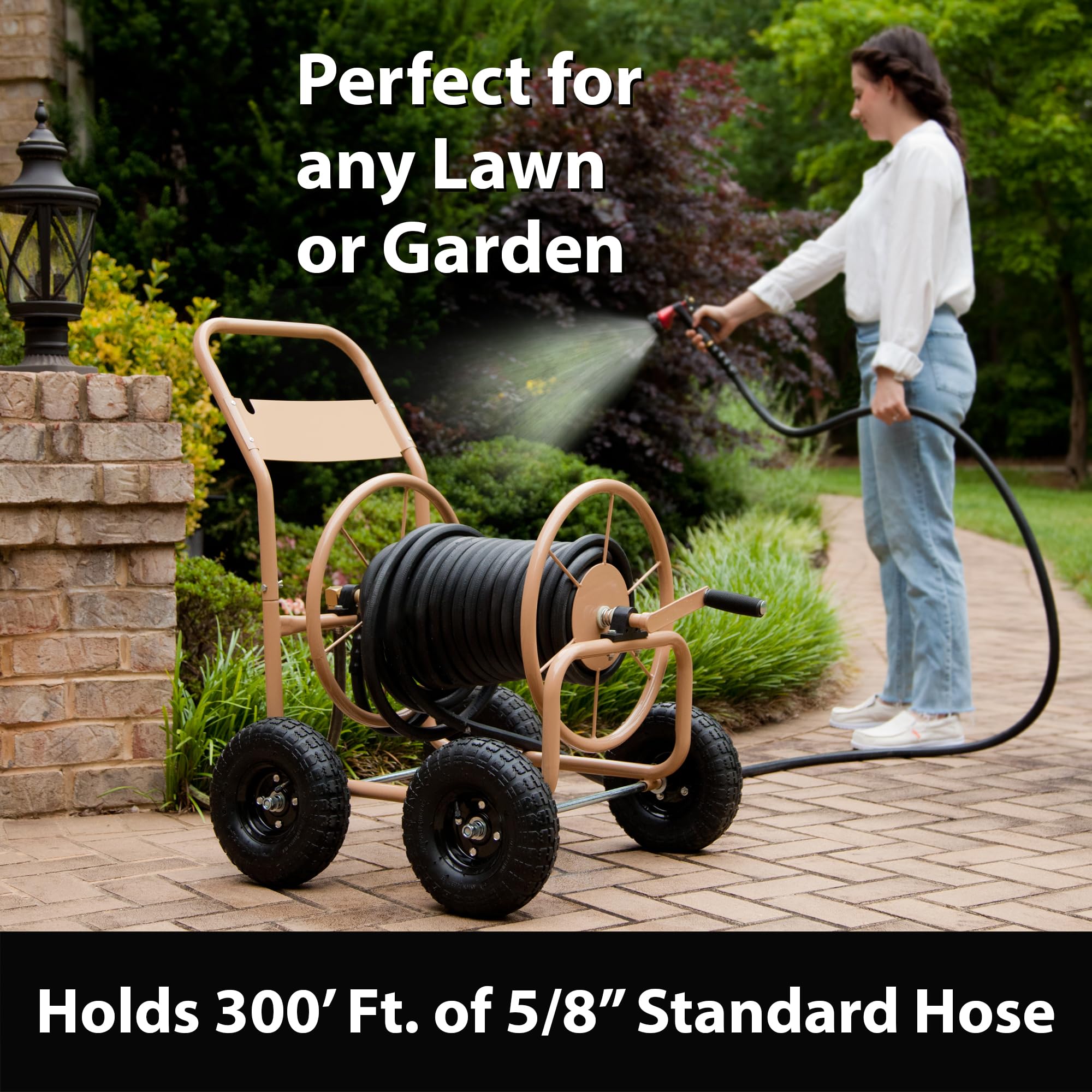 Liberty Garden Industrial 4 Wheel 300ft 0.625 Inch Heavy Duty Water Hose Reel Cart with Steel Frame - Perfect for Backyard, Garden, Lawn Irrigation & Outdoor Watering - Beige