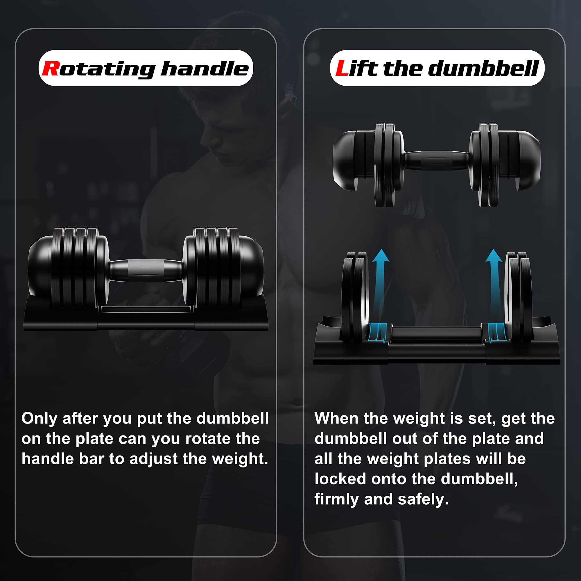 Adjustable Dumbbell Set 22LBS 44LBS 52LBS with Tray - Quick Weight Change Anti-Slip Handle, 8 Safety Lock Slots for Home Gym Workouts - Perfect for Strength Training & Fitness for Men & Women