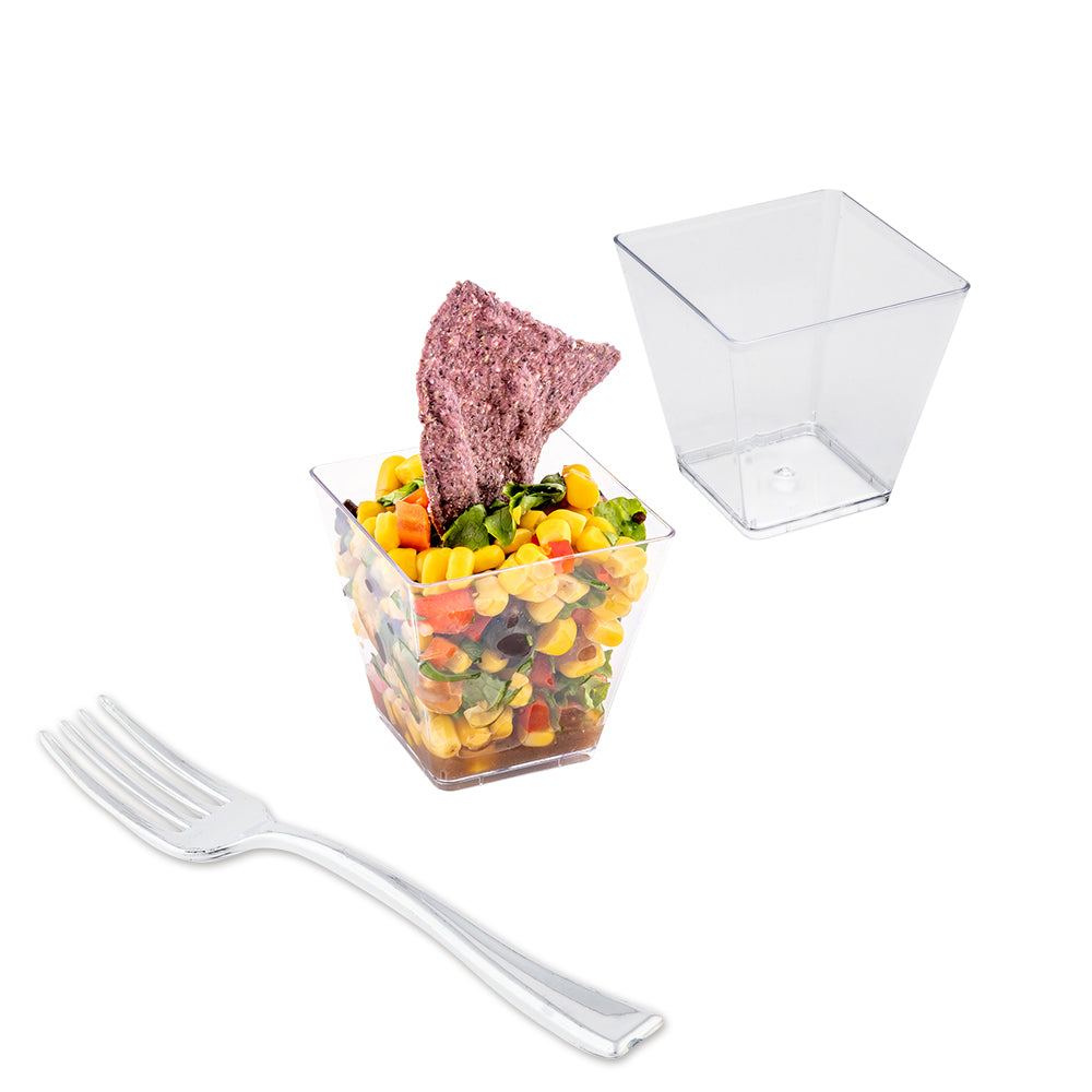 100-Pack 5 oz Square Clear Plastic Kova Cups & 100 Silver Mini Plastic Forks - Perfect for Party Supplies, Wedding Favors, and Dessert Serving