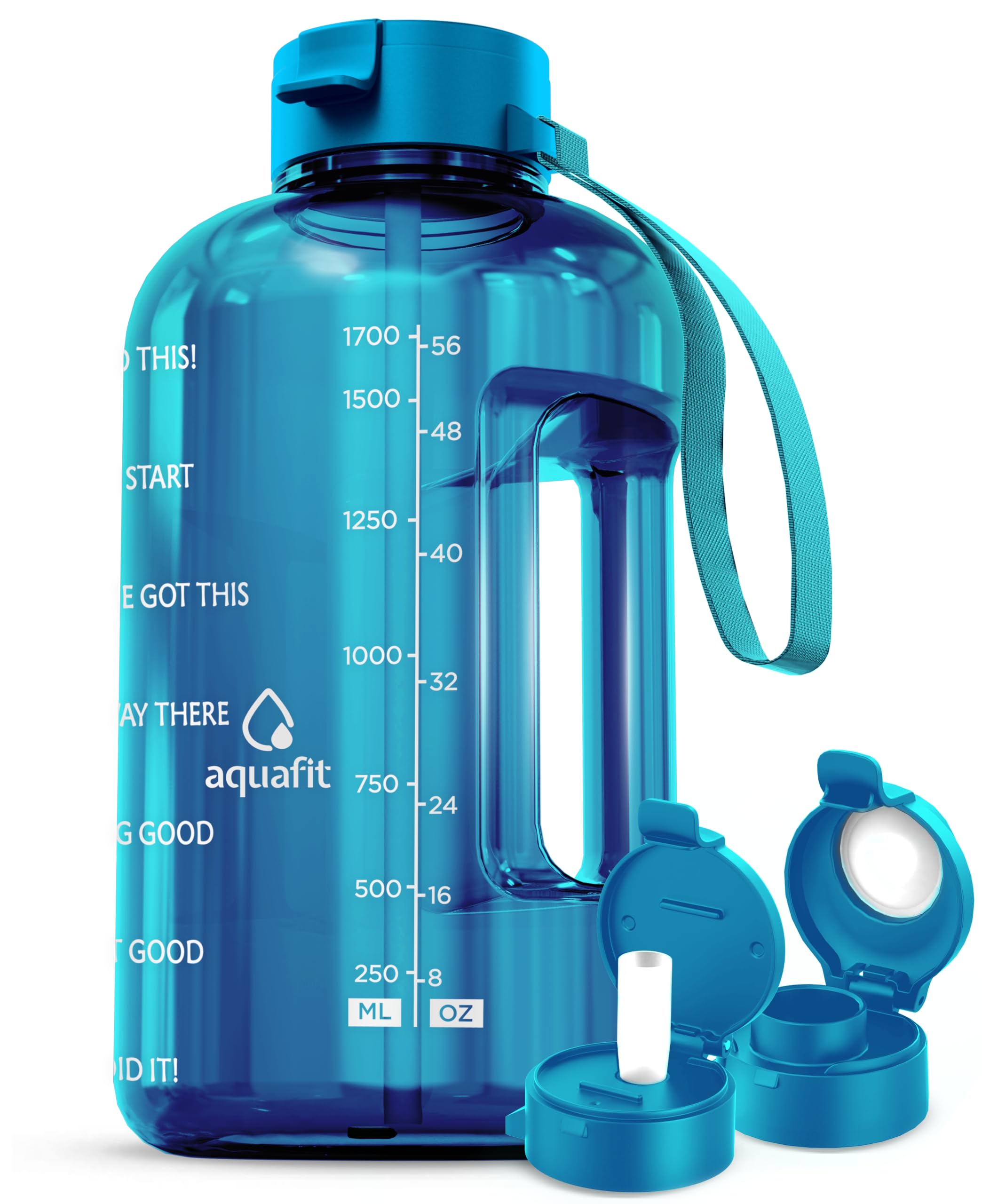 AQUAFIT 64oz Half Gallon Water Bottle with Time Marker - BPA Free Large Motivational Water Jug with Straw & Chug Lid - Gym & Workout Water Bottle with Handle - Perfect for Fitness, Hiking, Office & Daily Hydration (Aqua)