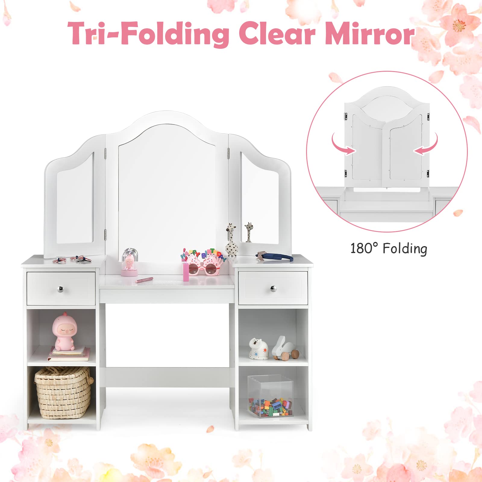 INFANS Kids Vanity Set - 2-in-1 Princess Makeup Desk & Chair with Storage Drawers, Tri-Folding Mirror & Shelves - Wooden Dressing Table for Girls - Pretend Play, Birthday Gift, Bedroom Decor for Toddlers & Kids