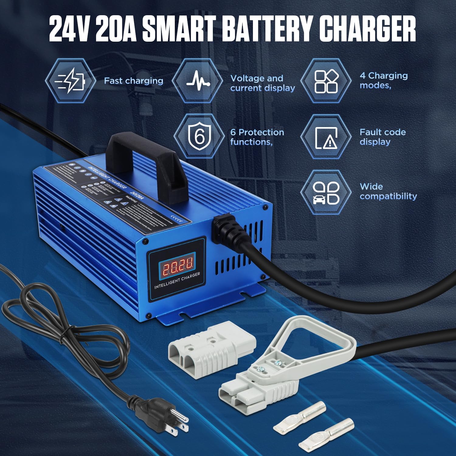 24V 20A Smart Forklift Battery Charger - Fully Automatic LCD Charger for 100AH-200AH Lead-Acid Batteries with Cooling Fan & 7 Protections - Perfect for Warehouses, Logistics & Industrial Equipment Charging