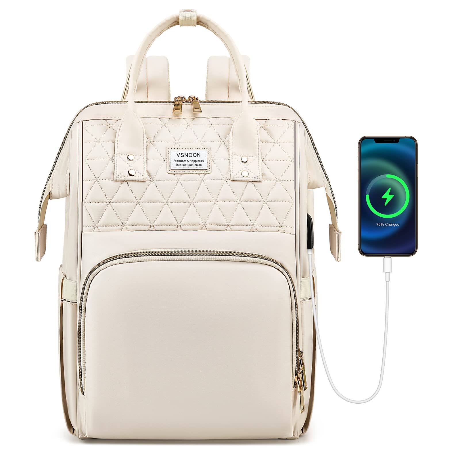 VSNOON Women's 15.6 Inch Laptop Backpack with USB Charging Port - Water Resistant Travel Backpack for Work, School & Daily Use - Perfect for Nurses, Teachers & Professionals (Beige)