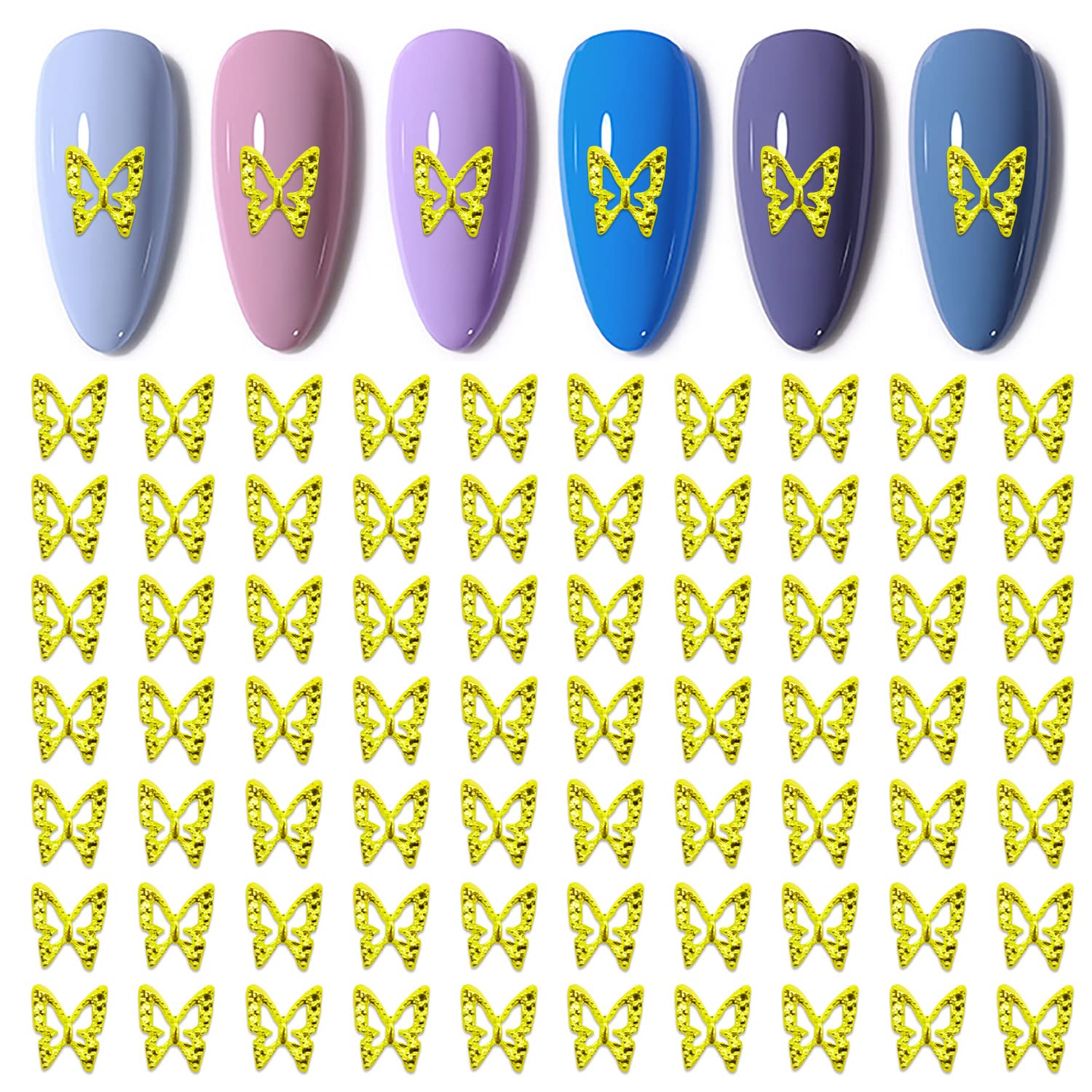 WOKOTO 100pcs Gold 3D Butterfly Nail Charms - Metal Nail Accessories for Acrylic Nails, DIY Nail Art Decorations - Perfect for Bridal, Party & Salon Nail Designs