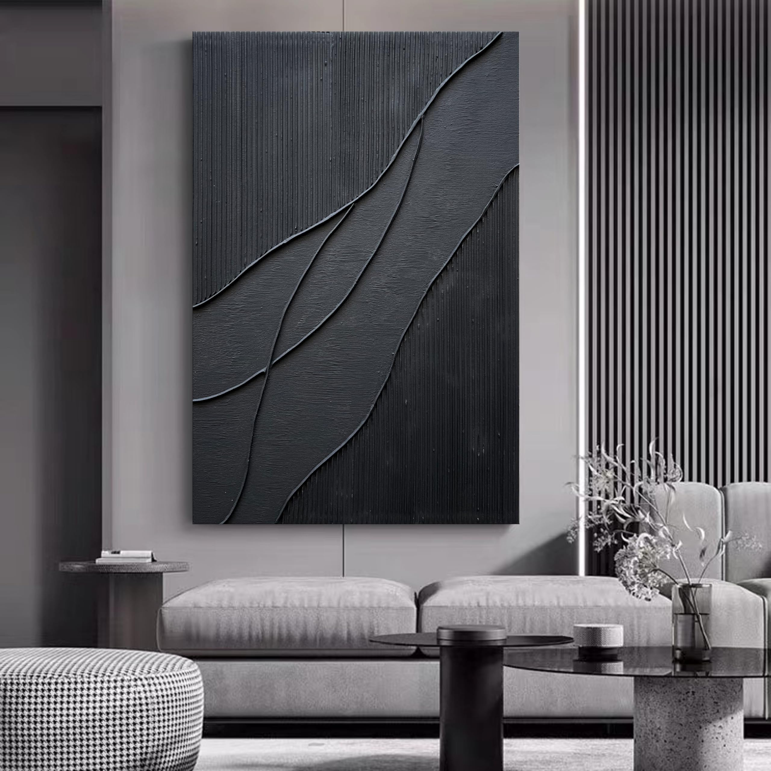NANKAI Hand-Painted Thick Texture Black Minimalist Oil Painting - 45x30 Inch Large Canvas Wall Art for Living Room, Bedroom & Office Decor | Modern Abstract Home Decoration