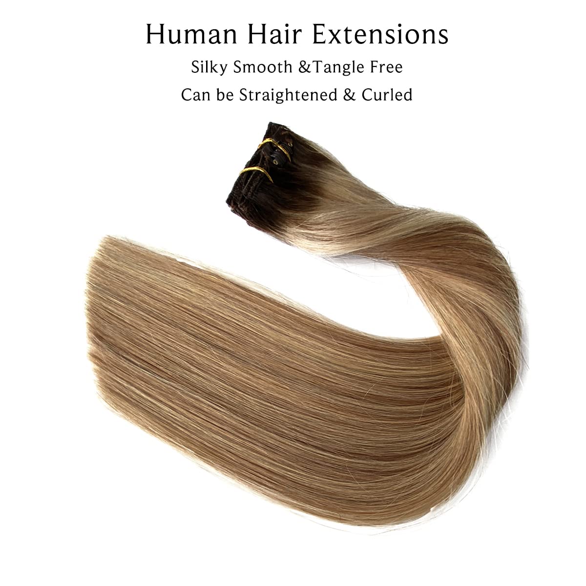 Chocolate Brown to Golden Brown Clip in Hair Extensions with Blonde Highlights - 7 Pcs 70G Remy Human Hair Double Weft Straight Extensions for Women - 20