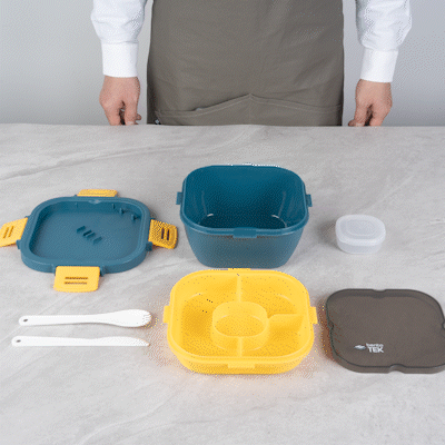 Bento Tek 58 oz BPA-Free Microwave Safe Lunch Box with Fork & Knife - Blue & Yellow Insulated Food Container (7.25