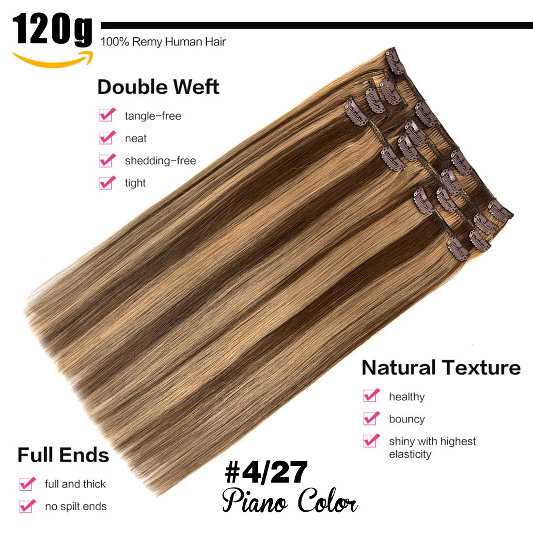Clip in Hair Extensions 20 Inch Real Human Hair - 120g Chocolate Brown/Light Blonde #4/27 Color - 7pcs Remy Clip in Straight Thick Natural Hair Extensions for Volume & Length - Perfect for Parties, Weddings & Daily Styling