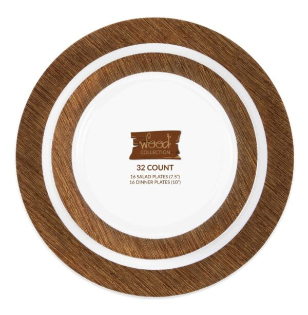 32-Piece Round Plastic Dinnerware Set for 16 Guests - Durable Wood Grain Design - Perfect for Outdoor Parties, Picnics & BBQs
